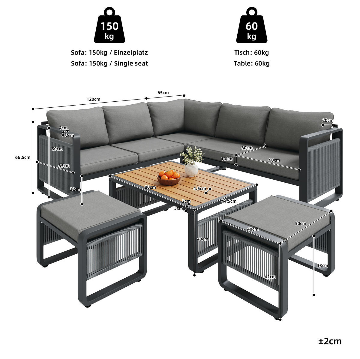 GARTENLOUNGE-SET 185/185/66,5 cm mit verstellbaren Füßen, Seilgeflecht und Polstern, Grau - Grau, Metall - Redom
