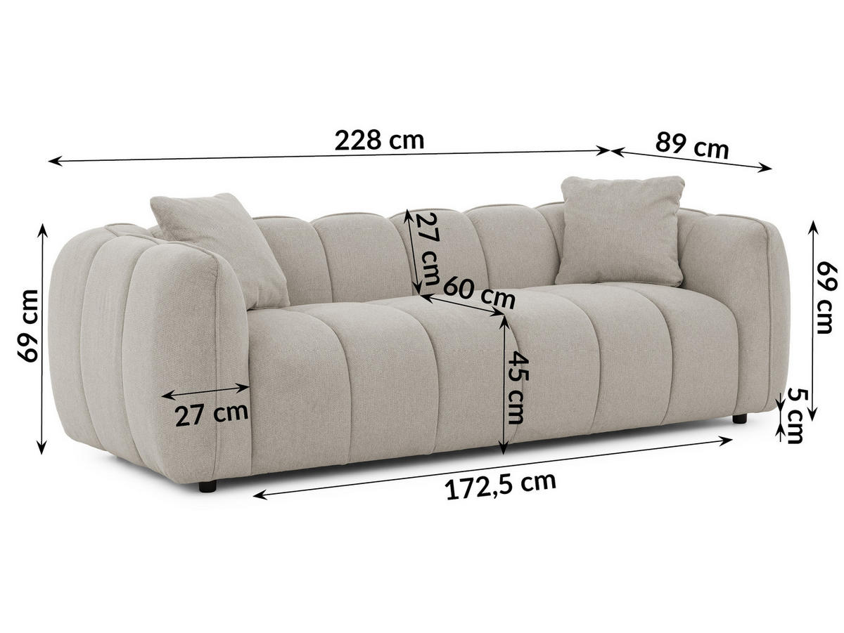 3-SITZER SOFA Nubira in tief gesteppter Bubble-Optik aus weichem Taupe Strukturstoff im modernen Design - Taupe/Schwarz, Holz/Kunststoff (228/69/89cm) - S-Style Möbel