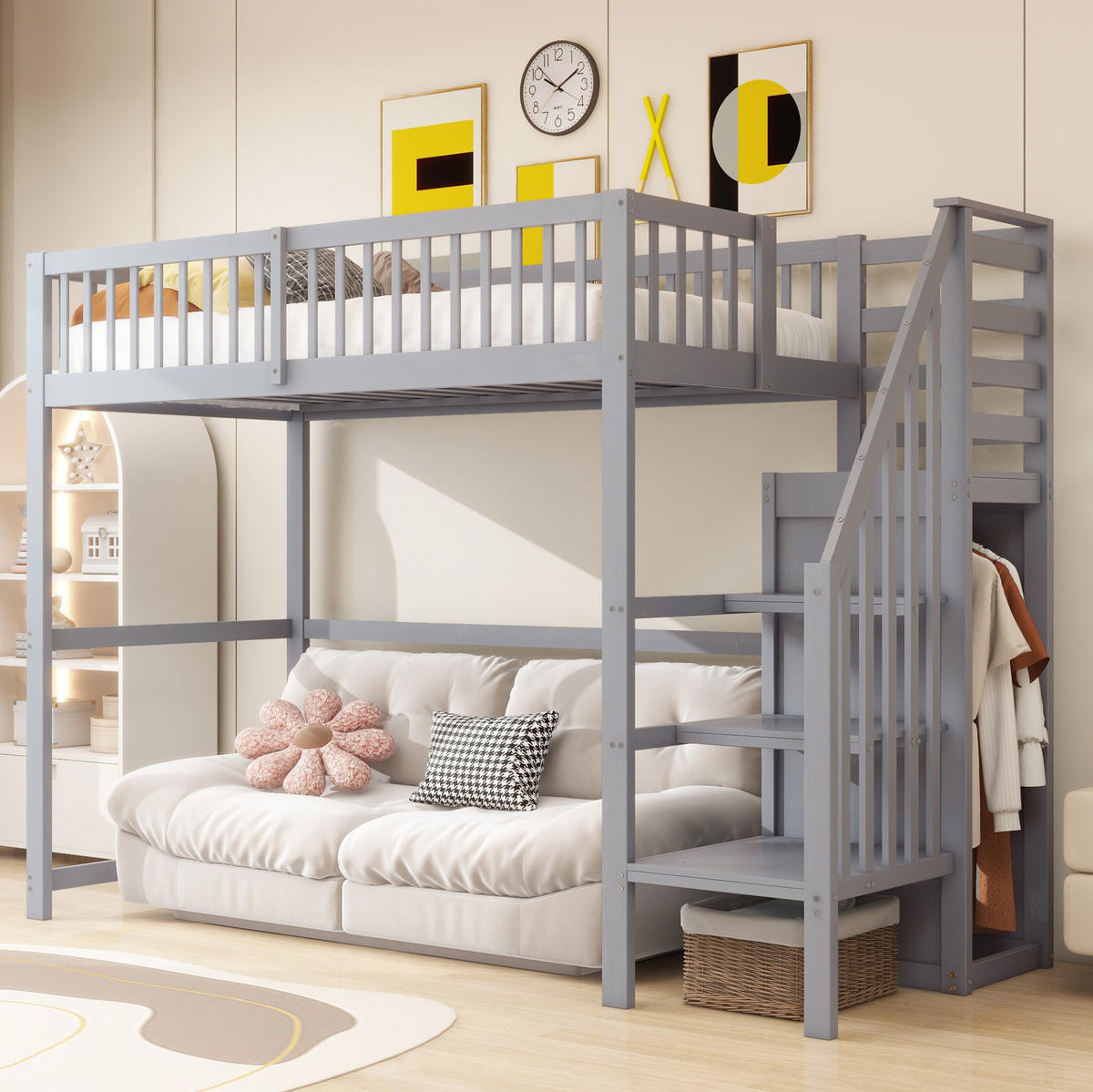 ETAGENBETT 90/200 cm in Grau mit Treppe, Kleiderschrank und Stauraum - Grau, Holz (90/200cm) - Flora Grace