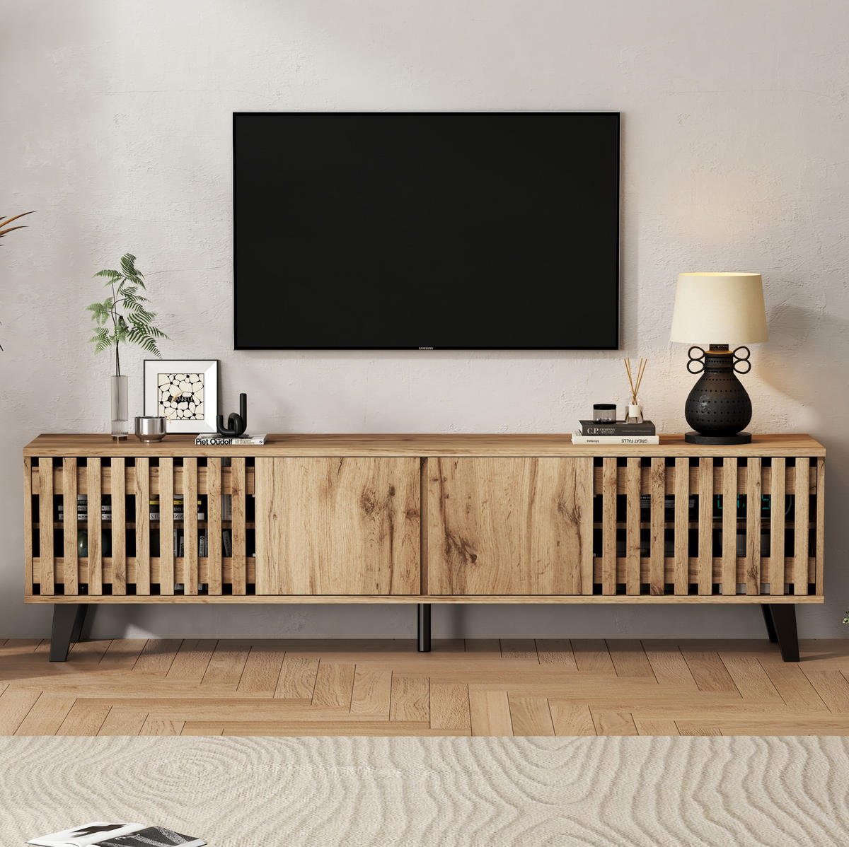 TV stolek a komoda 180/40/55 cm a 150/40/95 cm s otevřenými a uzavřenými přihrádkami, stabilní konstrukce, Přírodní dřevo - světle hnědá, kompozitní dřevo (180/55/40cm) - Redom