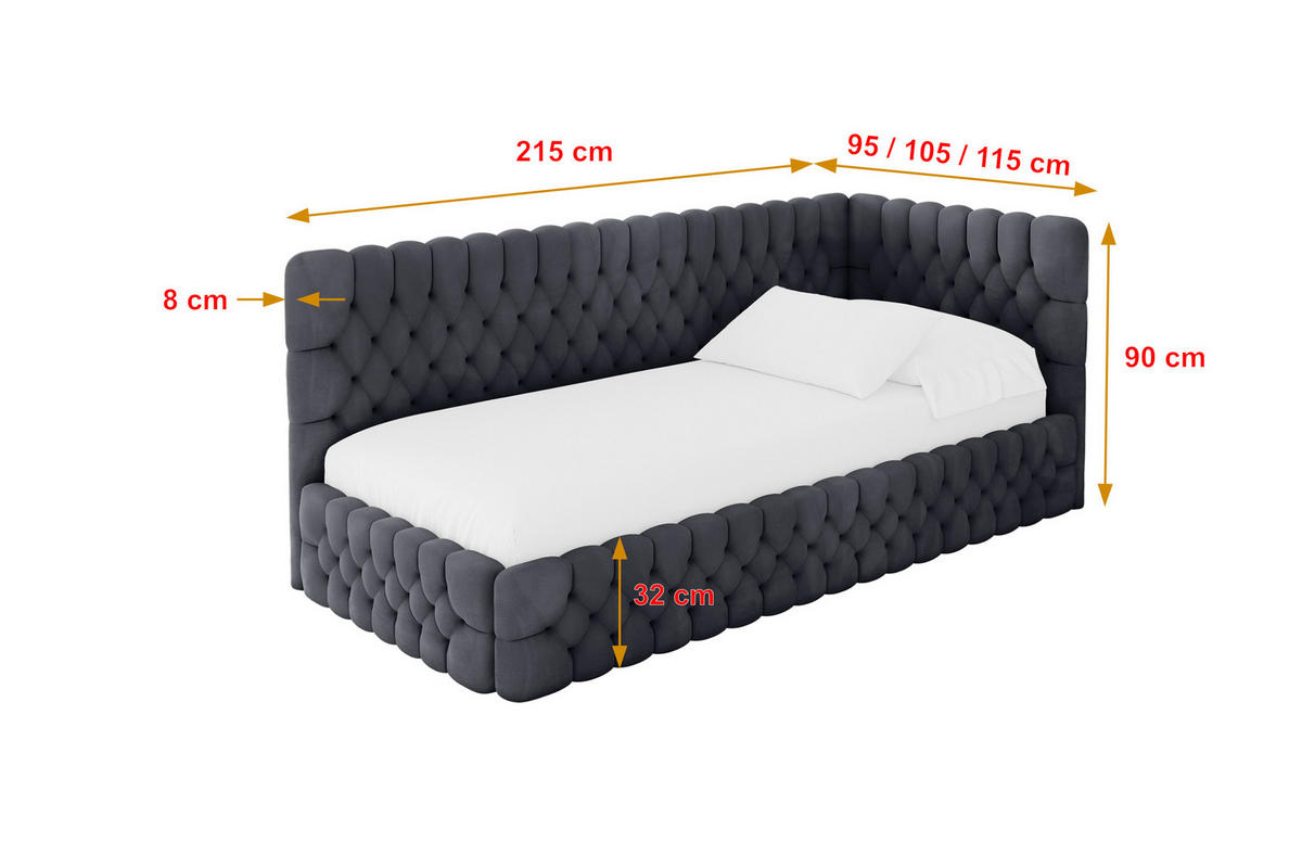 EINZELLBETT Jugendbett mit Bettkasten, Links - MULY 90x200 Dunkelgrau - Dunkelgrau, Holzwerkstoff/Textil (90/200cm) - ALTDECOR