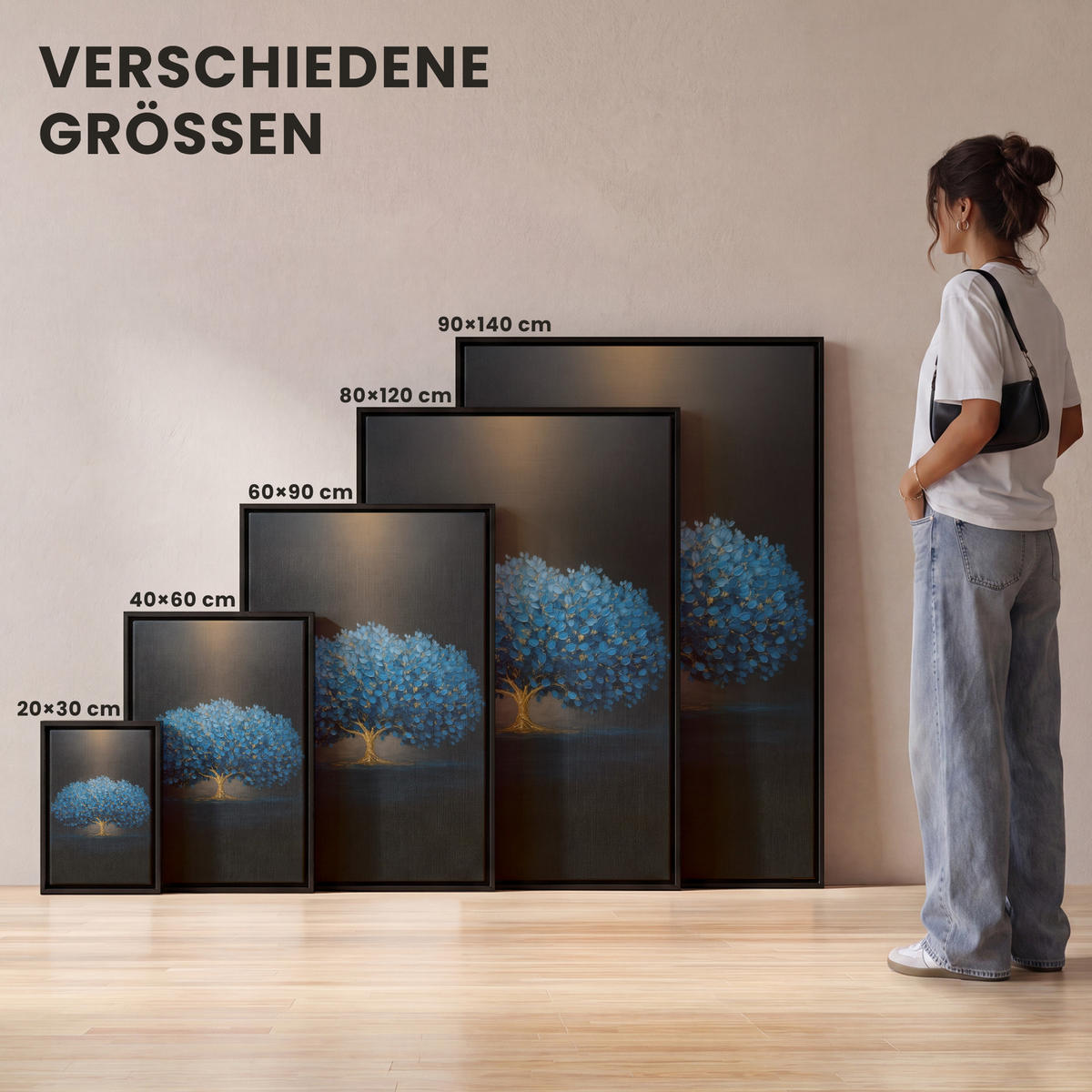 LEINWAND Bilder mit Rahmen - Baum - Blau - Blätter - Pinselstriche - 80x120 - Blau, Textil (80/120cm) - MuchoWow