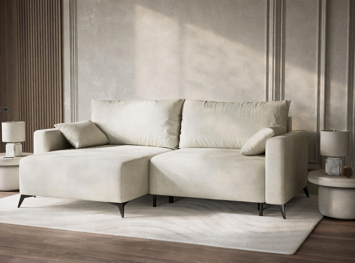 ECKSOFA MIT SCHLAFFUNKTION Leon Creme Webstoff - Creme/Schwarz, Holz/Holzwerkstoff (148/239cm) - Maison de Reve
