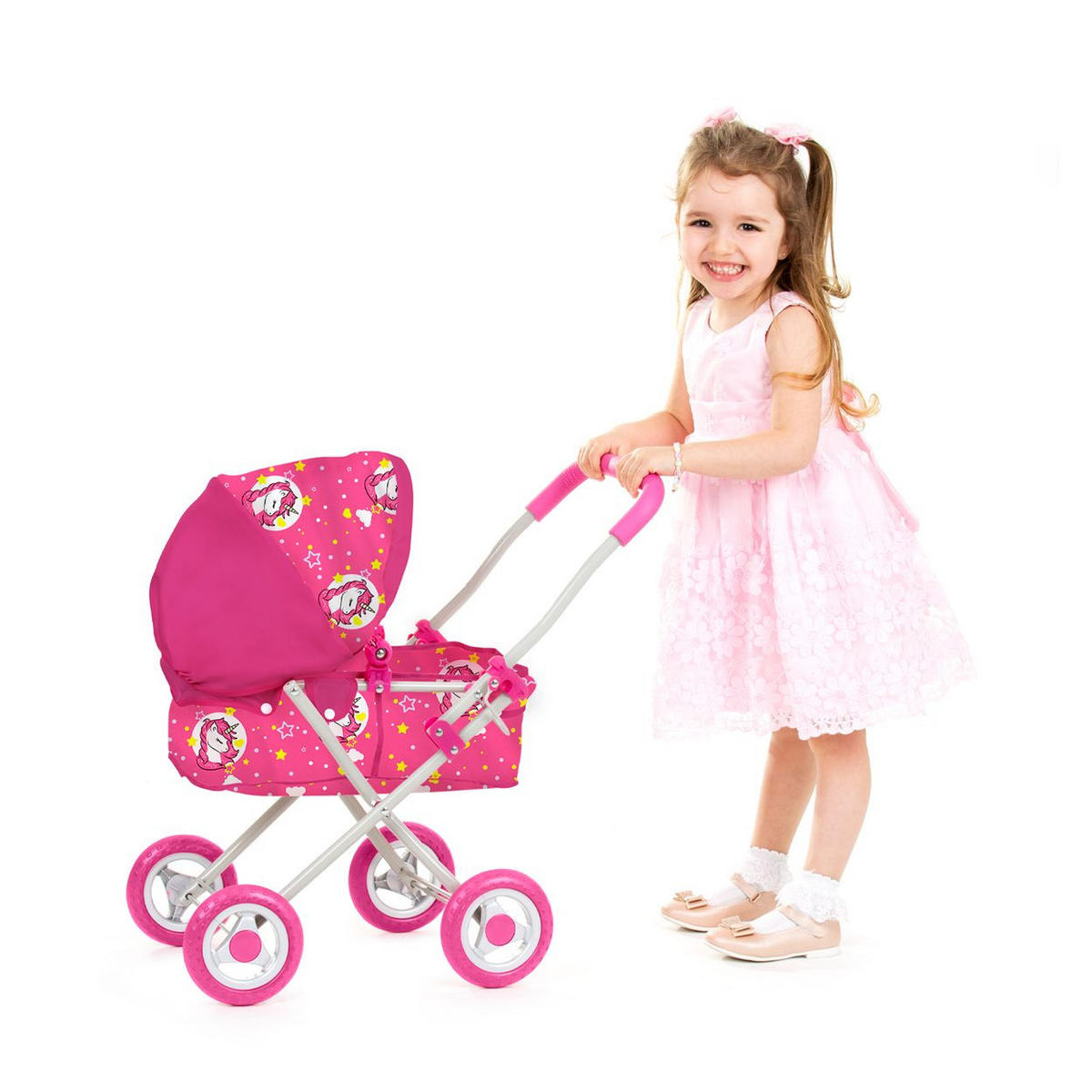 PUPPENWAGEN Emily pink Tasche, Sonnendach verstellbar, zusammenklappbar, 100% Polyester - Pink, Metall (34/58/60cm) - Chipolino