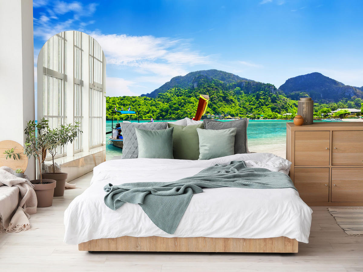 FOTOTAPETE für Schlafzimmer Boot Tropenstrand Palmen Meer 200x140 - Türkis/Blau, Papier (200/140cm) - Muralo