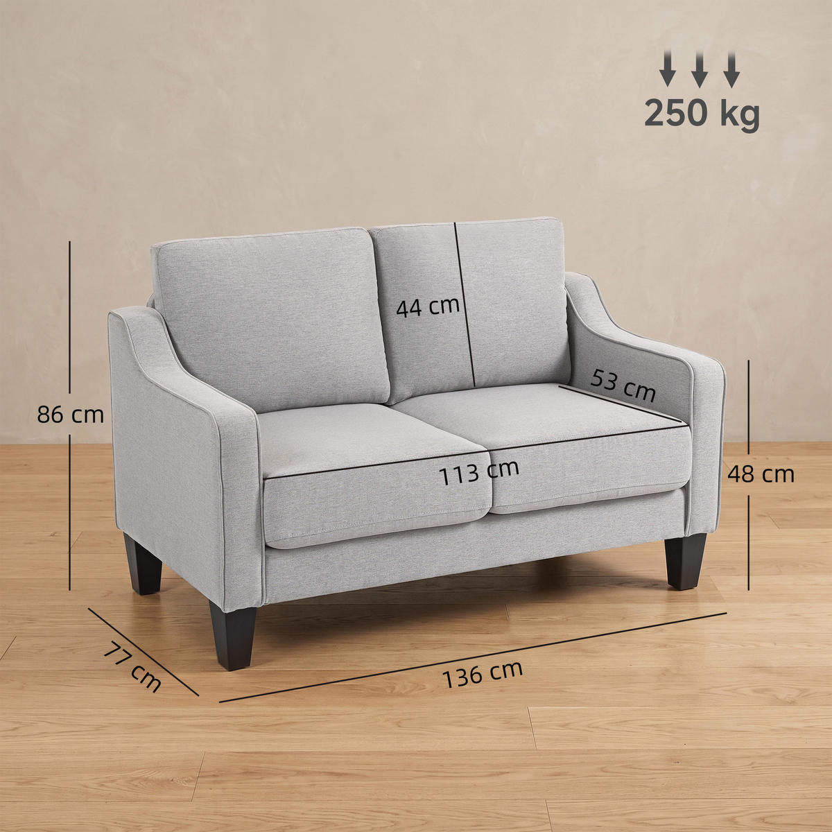 SOFA, 2-Sitzer, Leinenoptik, modern, platzsparend, hellgrau, 136x77x86cm - Multicolor, Holzwerkstoff (136/86/77cm) - FORIOUS