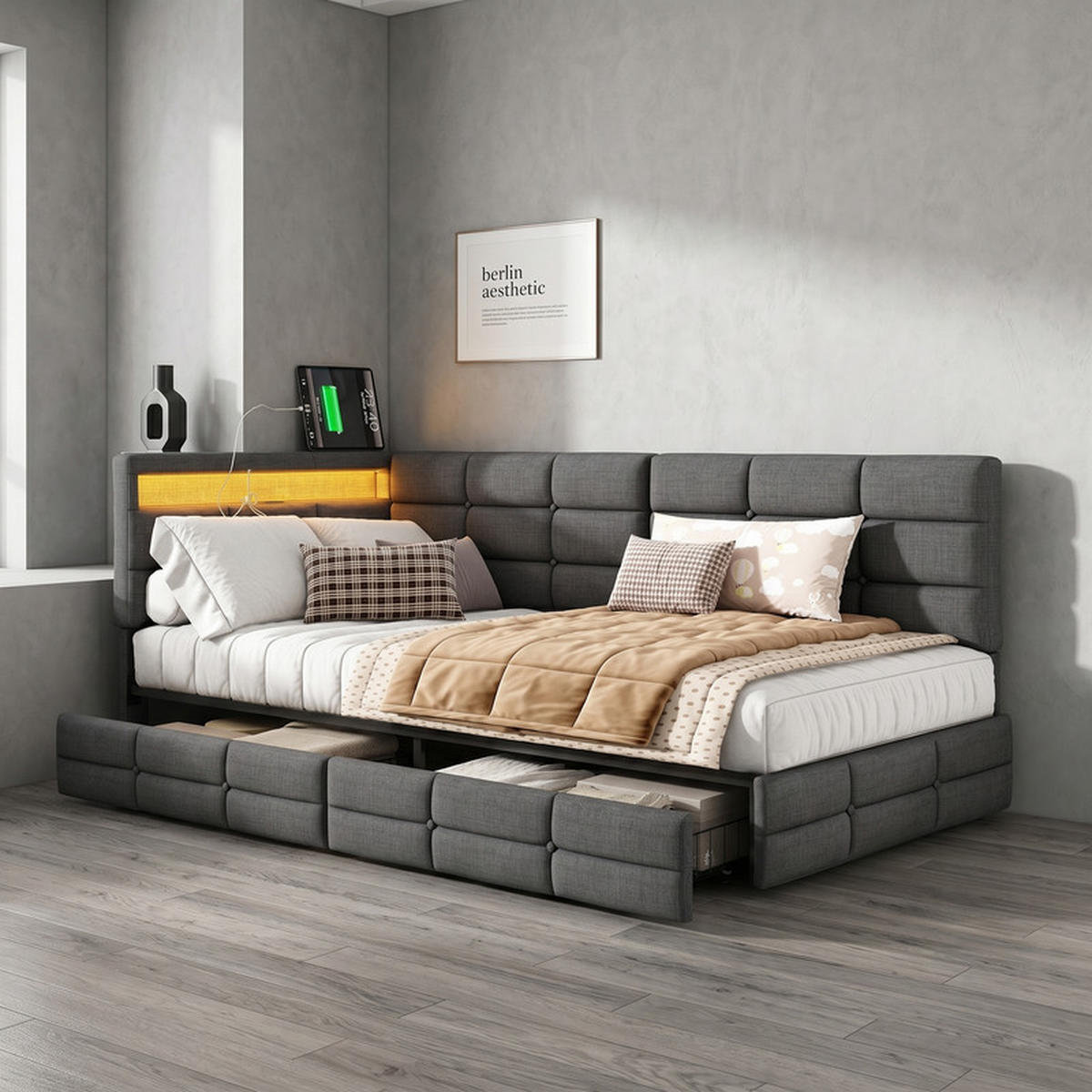 POLSTERBETT 90/200 cm grau mit LED, USB und Schublade - Grau, Holz