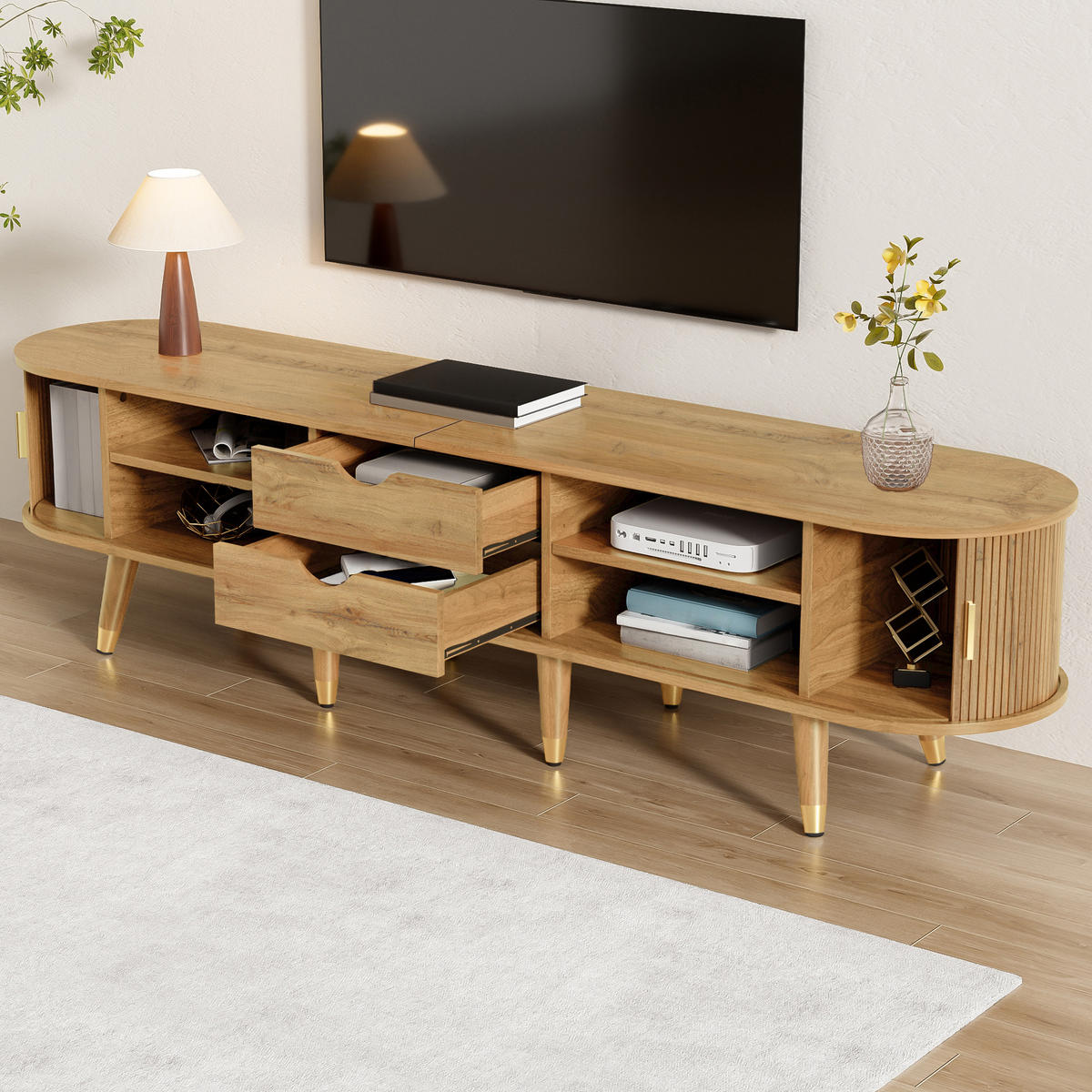 TV-ELEMENT175X38X45CM MDF SchiebetürenHolzoptik mit Kabelmanagement - Naturfarben, Holz (45.72/17.15/118cm) - Raelunyi