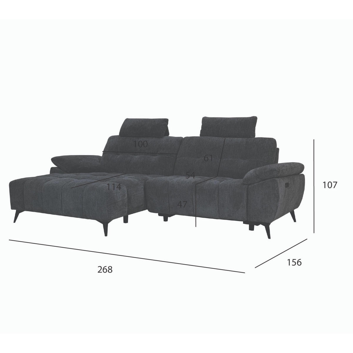ECKSOFA Webstoff Grau - Schwarz/Grau, Textil/Metall (268/156cm) - Furnhouse