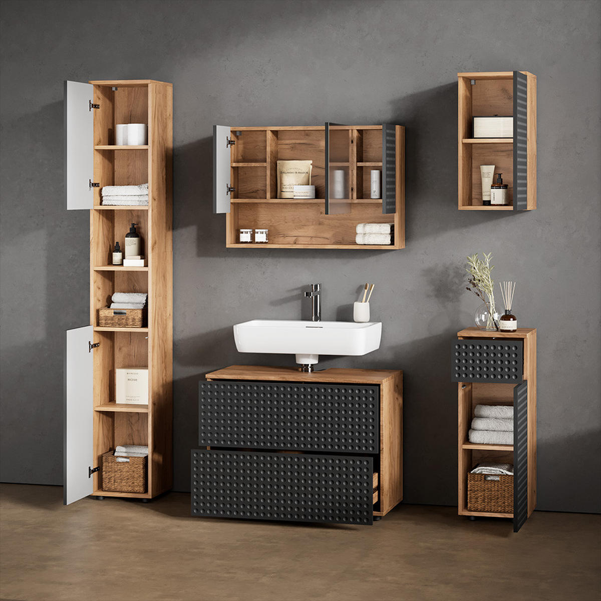 BADMÖBEL-SET Ronco Anthrazit gepunktet 5 Teile - Anthrazit/Eiche Wotan, Holzwerkstoff (80/58/41cm) - Livinity®