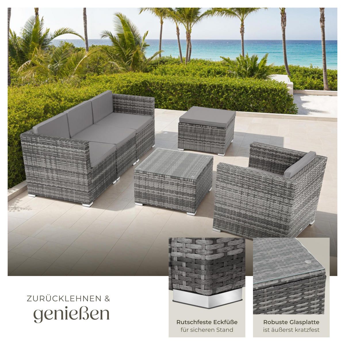 RATTANLOUNGE Lignano,variabel aufstellbar,grau - Grau, Kunststoff - tectake
