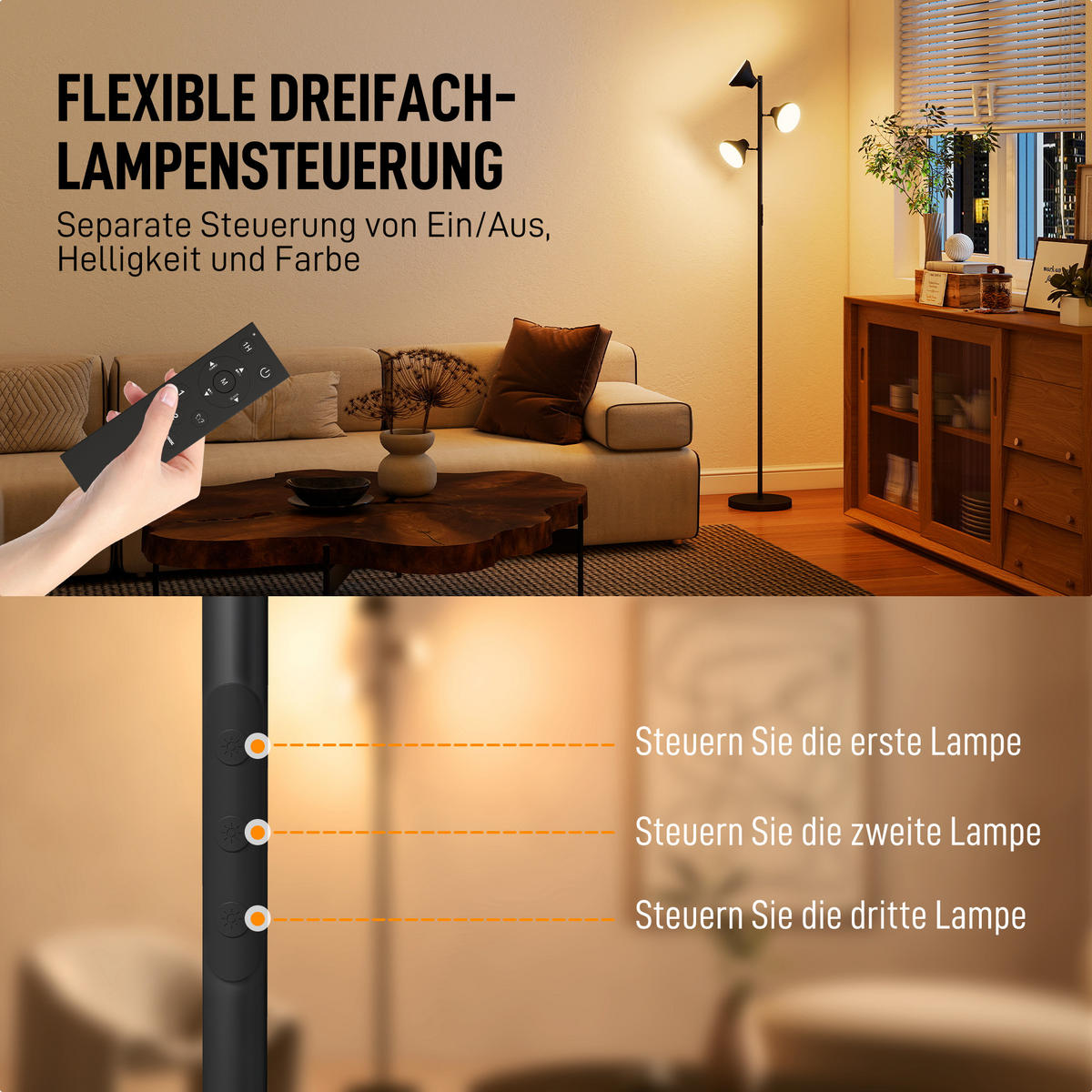 STEHLAMPE Dimmbar mit Leselampe, Stehleuchte Farbwechsel - Schwarz, Metall (25/25/170cm) - HOMCOM