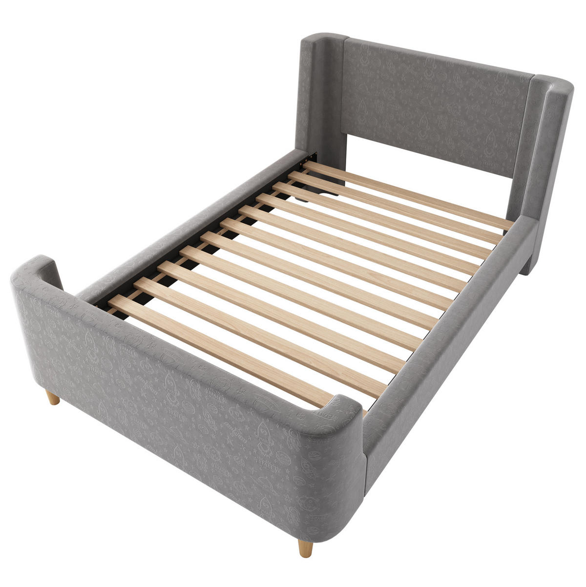KINDERBETT 90/200 cm in Grau aus Samt mit Weltraummuster und Schlittenbett-Design - Grau, Textil (90/200cm) - Flora Grace