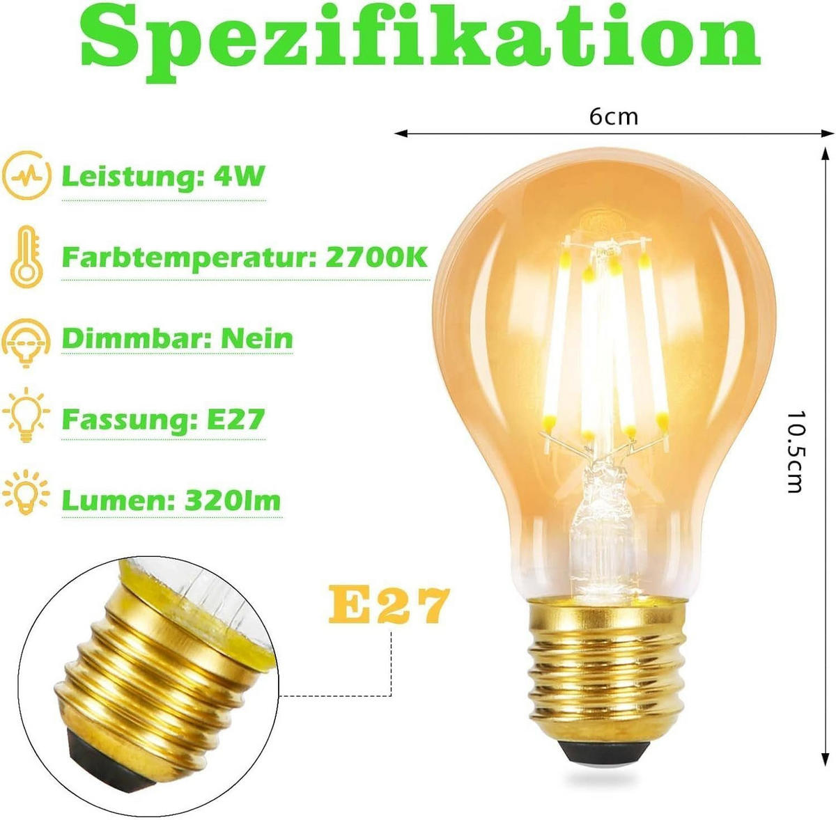 LED žárovky E27 4W (sada 6 ks) - průhledná, sklo (6/10.5cm) - Nettlife