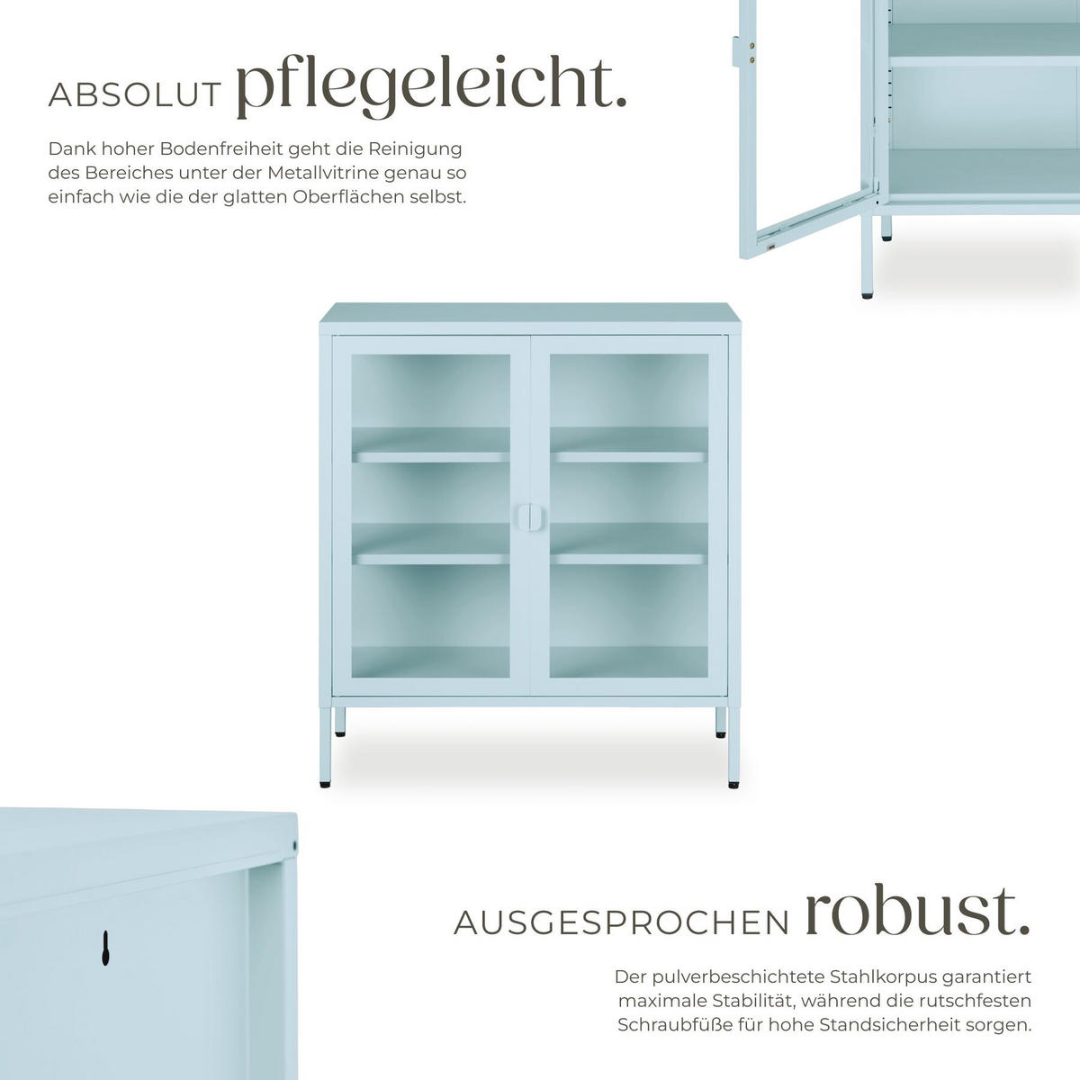 METALLVITRINE Baker, Kippschutz, höhenverstellbare Füße, grau/blau - Blau/Grau, Metall (80/90.5/37cm) - tectake