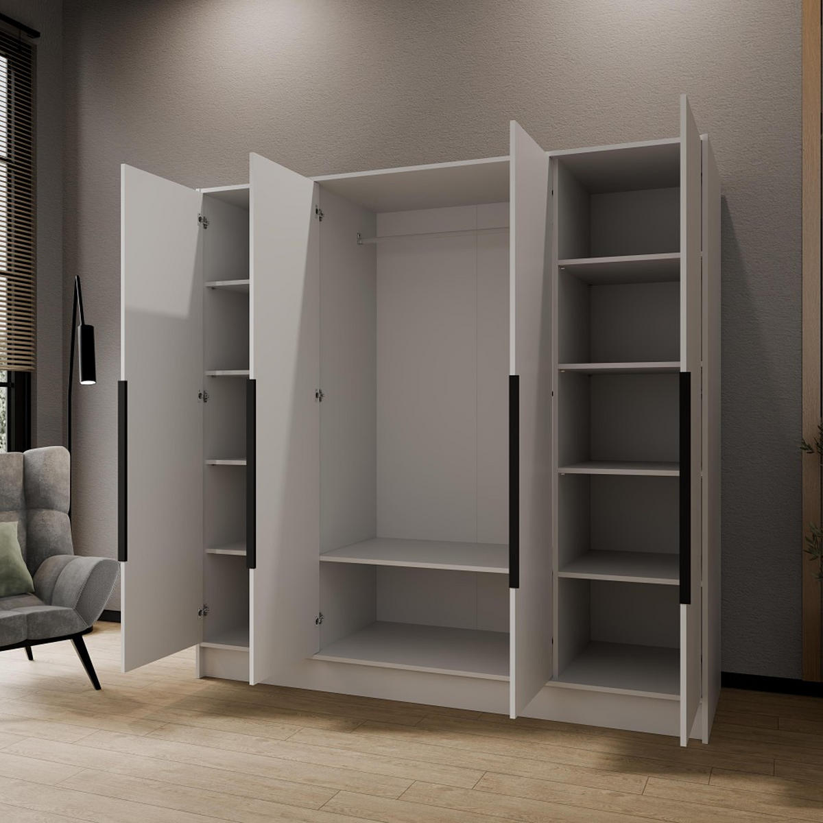 DREHTÜRENSCHRANK Pavia ohne Spiegel, Weiß mit mit schwarzen Griffen, 200 cm - Weiß, Holzwerkstoff (200/200/51cm) - Beautysofa