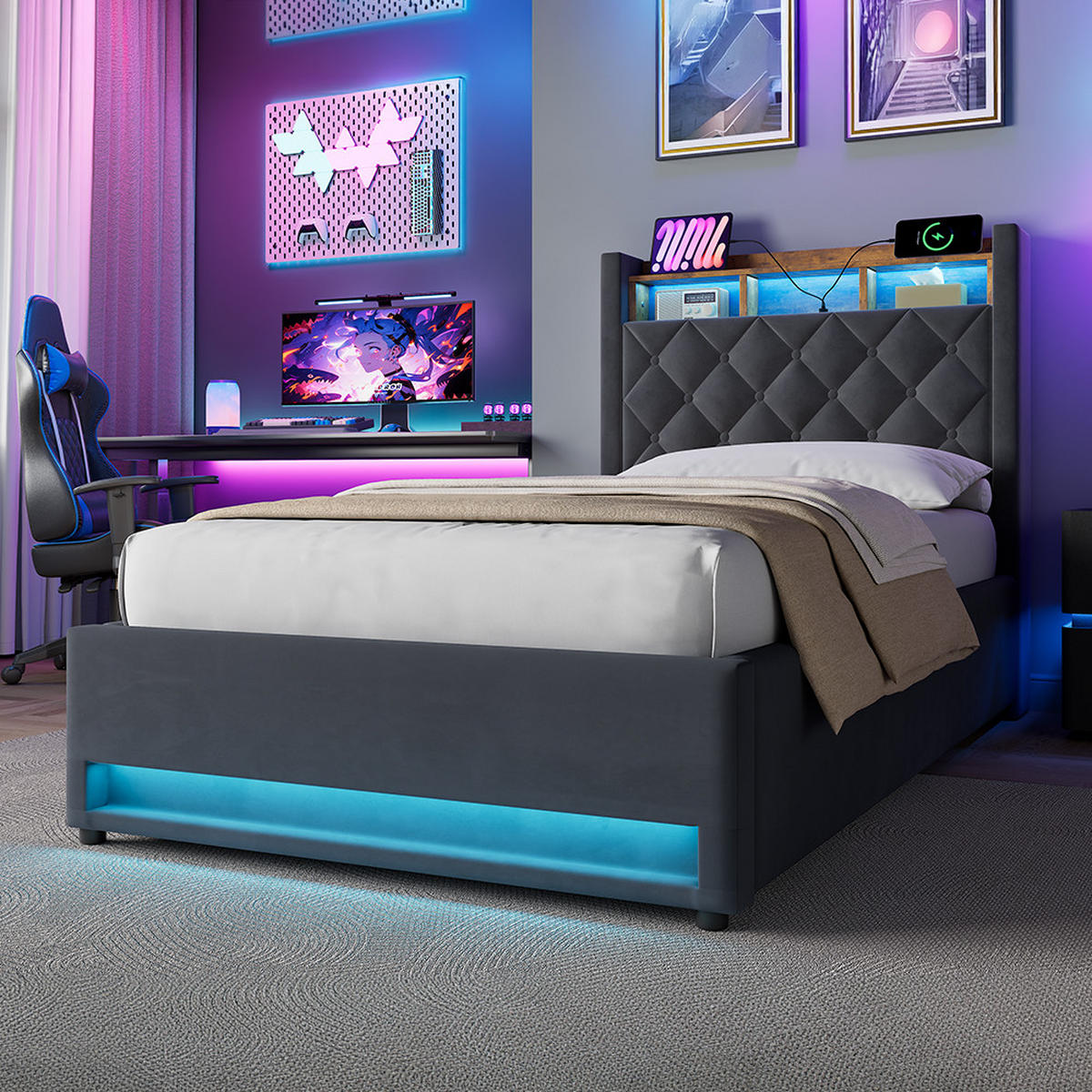 POLSTERBETT 90/200 cm in Grau, Samt, mit Bettkasten, USB, LED, ohne Matratze - Grau, Holzwerkstoff/Textil (90/200cm) - WISHDOR