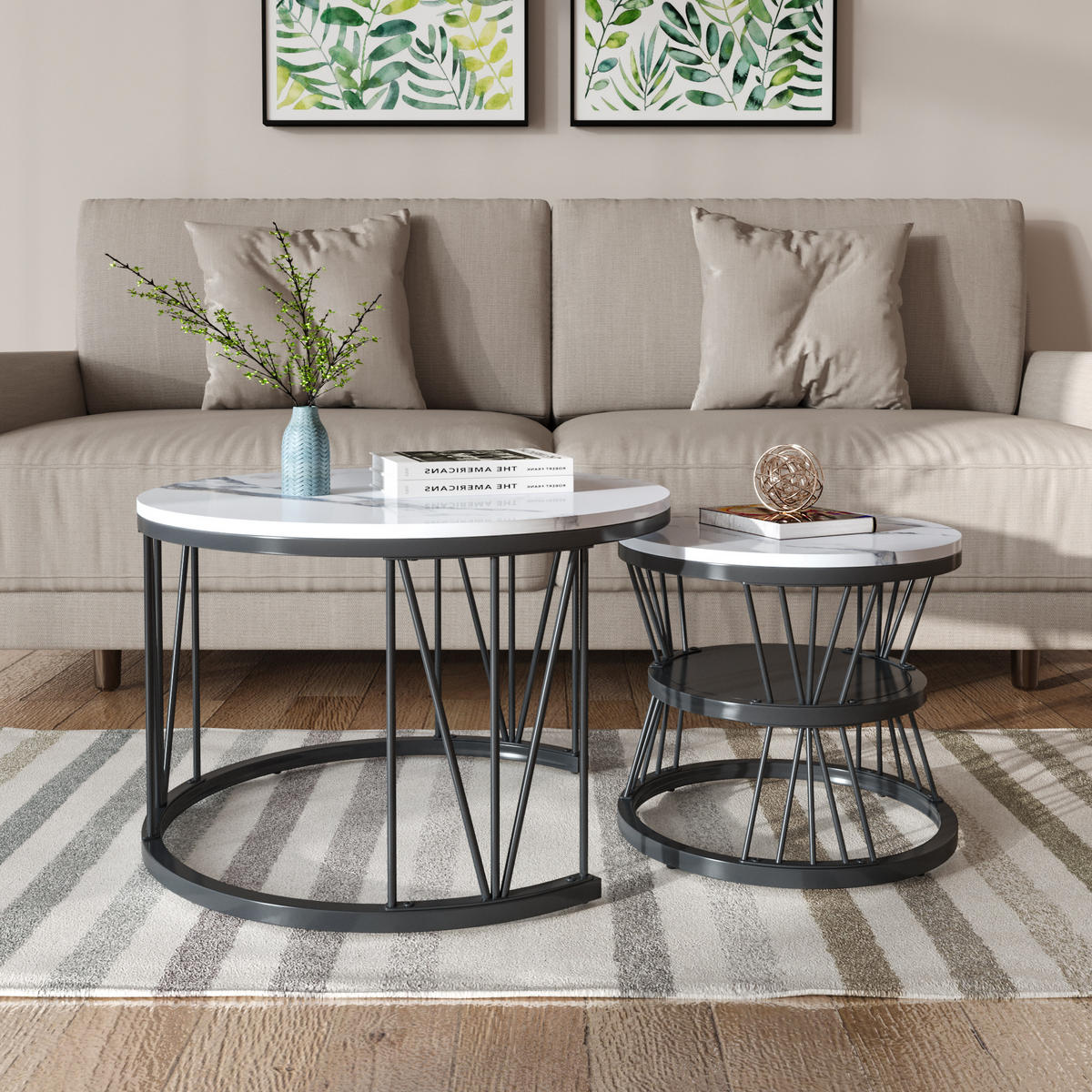 COUCHTISCH-SET Rund mit schwarzem Metallgestell, 2-teilig - Schwarz, Metall (70/70/70cm)