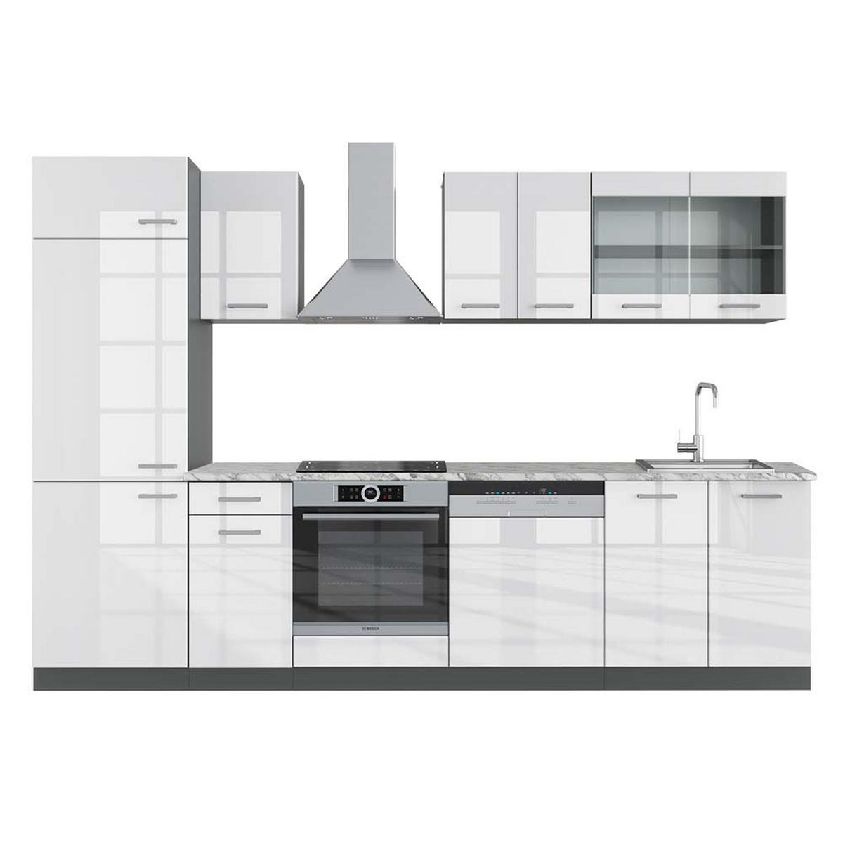 KÜCHE R-Line Weiß Hochglanz/Anthrazit 300 cm, AP Marmor - Weiß Hochglanz/Anthrazit, Holzwerkstoff (300/81.6/60cm) - Vicco