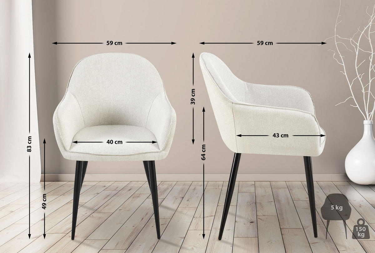 WOHNZIMMERSTUHL 2er Set Stoff creme - Creme/Schwarz, Textil/Metall (60/84/60cm) - CLP