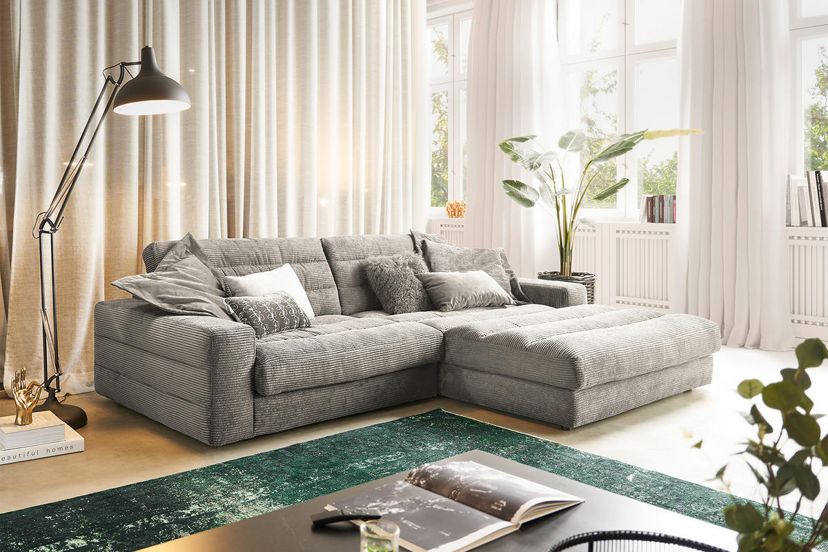 ECKSOFA LANA SOFA Steingrau Cord - Greige/Schwarz, Textil (296/205cm) - KAWOLA