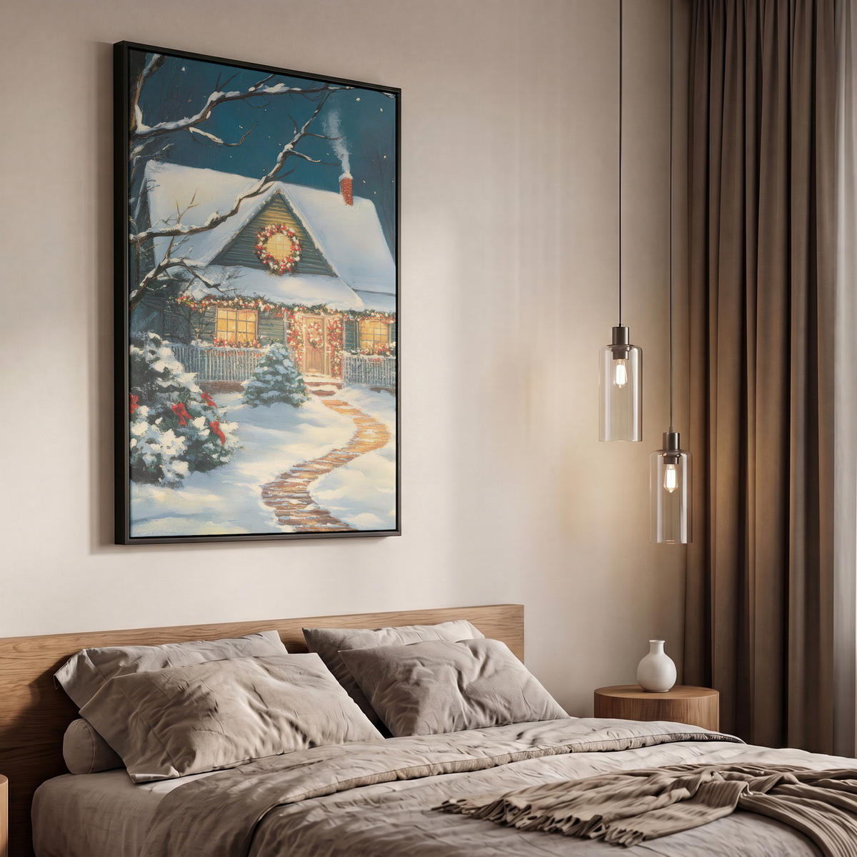 LEINWAND Bilder mit Rahmen - Weihnachten - Weihnachtsbaum - Winter - Zuhause - Schnee - 60x90 - Smaragdgrün, Textil (60/90cm) - MuchoWow