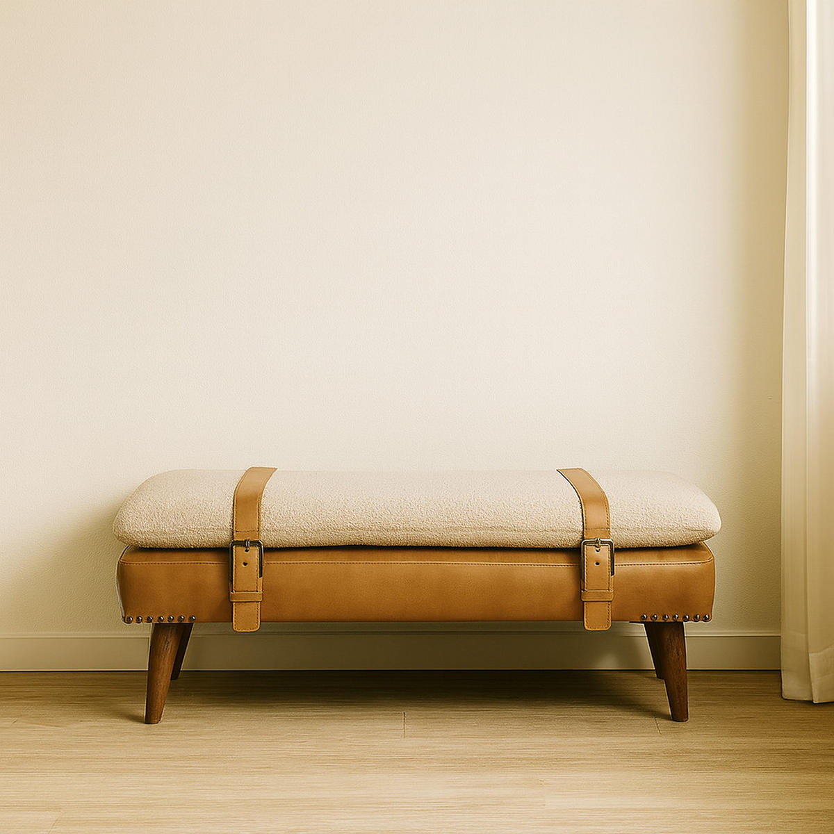 HOCKERBANK Boucle Büffelleder Tan - Braun, Leder/Holz (35/40/90cm) - Artisan Furniture
