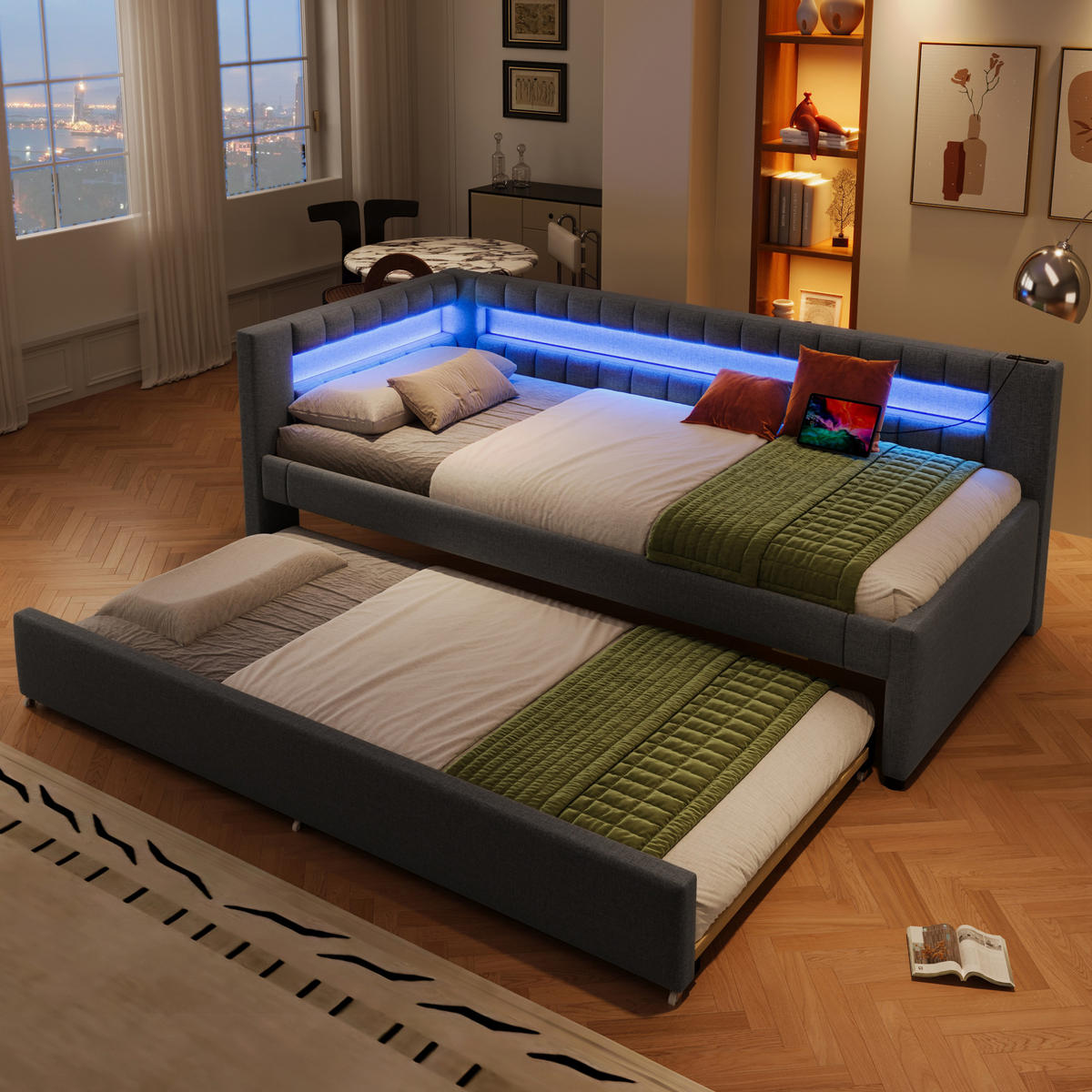 POLSTERBETT 90/200 cm Grau aus Leinen mit Ausziehbett und LED-Beleuchtung - Grau, Textil (90/200cm) - OKMYHOME