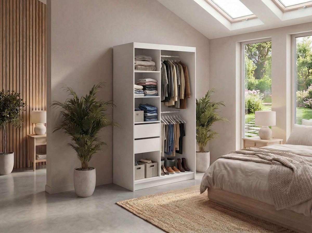 SCHWEBETÜRENSCHRANK mit Spiegel und Schubladen - WALENCJA - 120 - Weiß lacobel - Alufarben/Weiß, Holzwerkstoff/Metall (120/216/61cm) - MKS