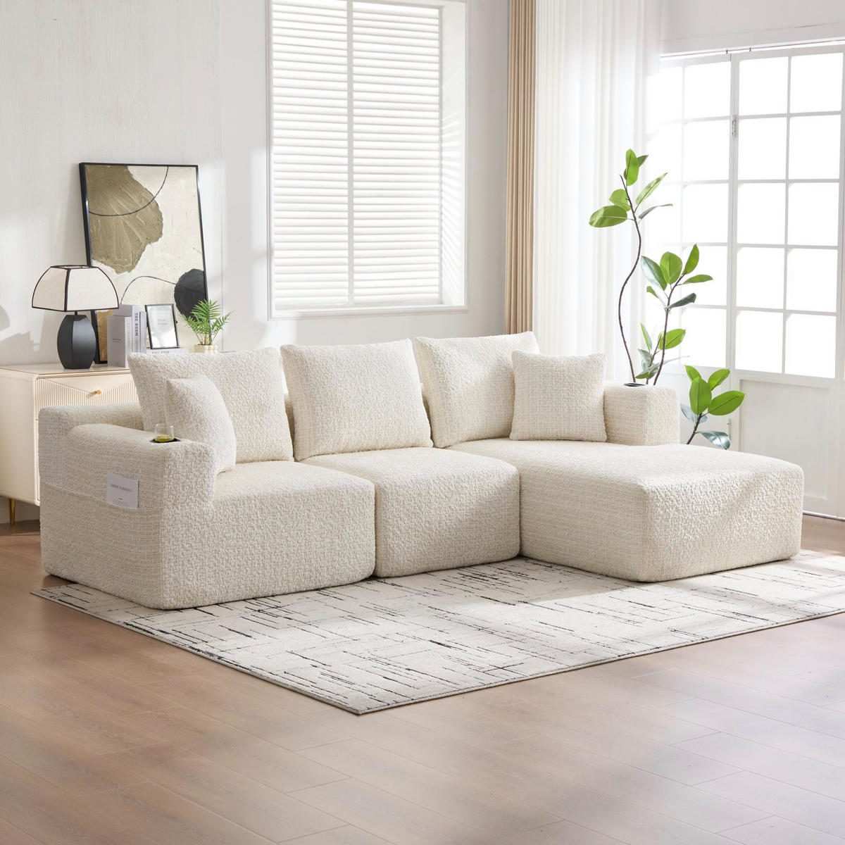 ECKSOFA 261/165/80,5 cm ohne Montage mit Getränkehaltern, Seitentaschen und modularem Chenille-Bezug, Beige - Beige, Textil (261/165cm) - Redom