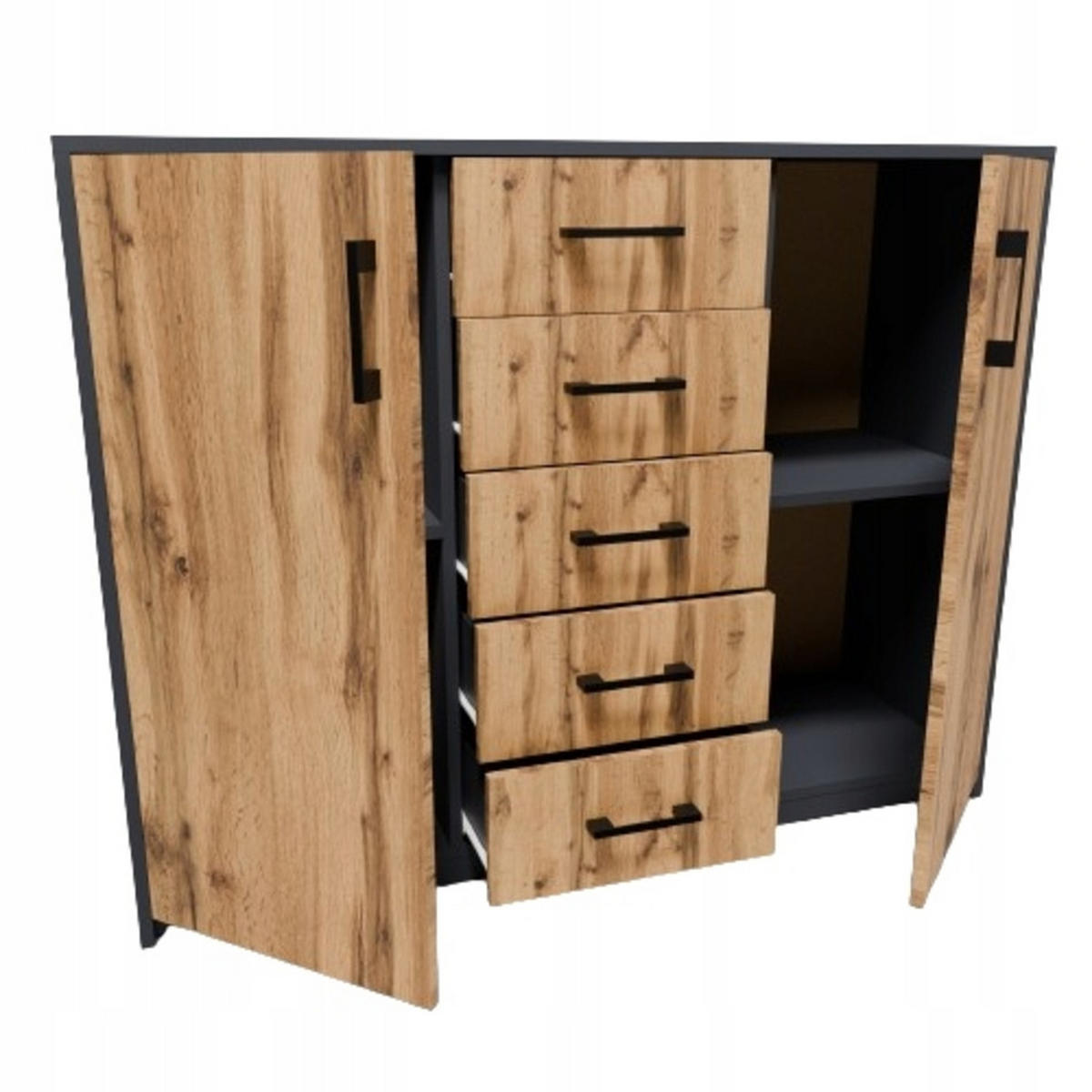 KOMMODE 2D5S Anthrazit-Wotan Eiche 110/35/85 cm moderne Optik - Anthrazit/Eiche Wotan, Holzwerkstoff (110/85/35cm) - Matkam Möbel