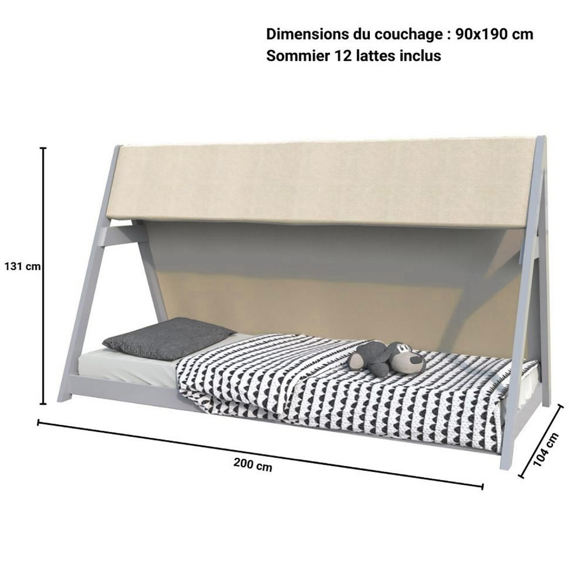 HAUSBETT TIPI mit Stoff und Lattenrost/ Kinderbett 90x190 - Grau - Grau, Holz (90/190cm) - Weber Industries