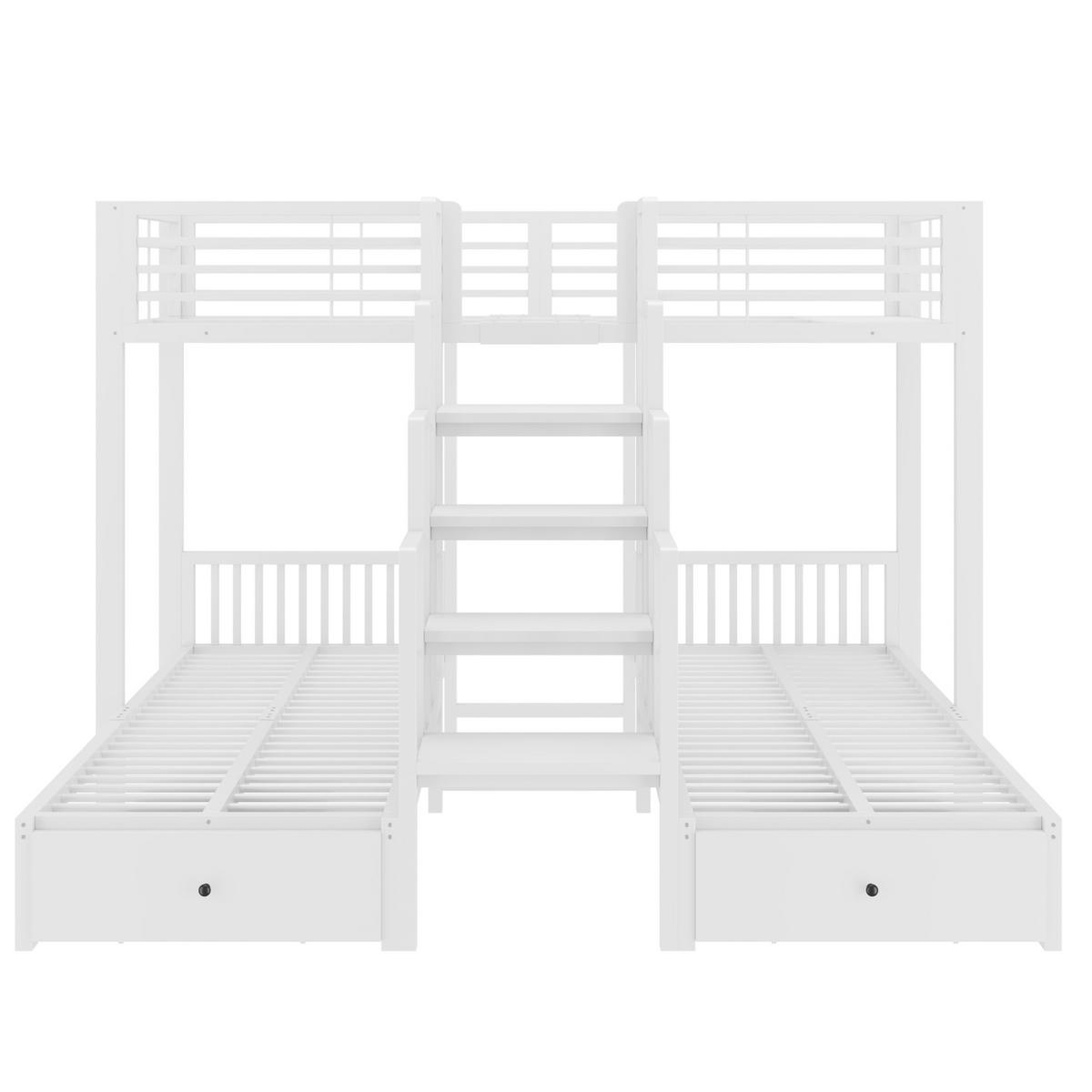 ETAGENBETT aus Metall und Holz 90x200 cm Weiß mit Treppe, Sicherheitsgeländern und 2 Schubladen - Weiß, Metall (90/200cm) - Modfu