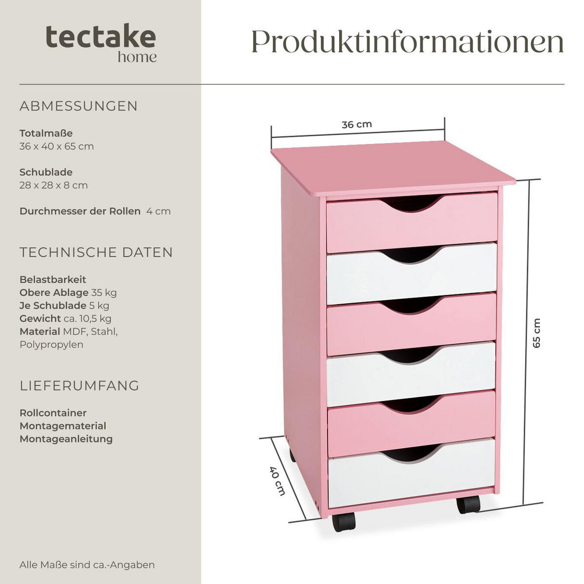 ROLLCONTAINER ,einfache Montage, 36 x 40 x 65 cm,rosa - Rosa, Holz (40/65/36cm) - tectake