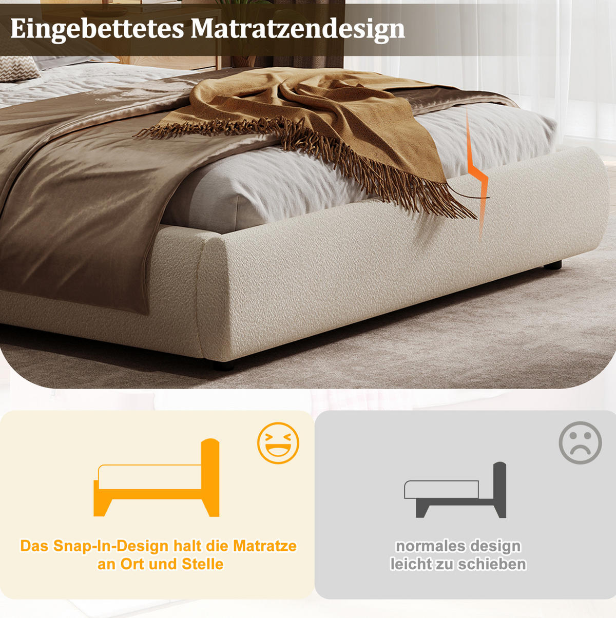 POLSTERBETT aus Bouclé 180x200 cm Beige mit Lattenrost und hydraulischem Bettkasten - Beige, Textil (180/200cm) - Modfu