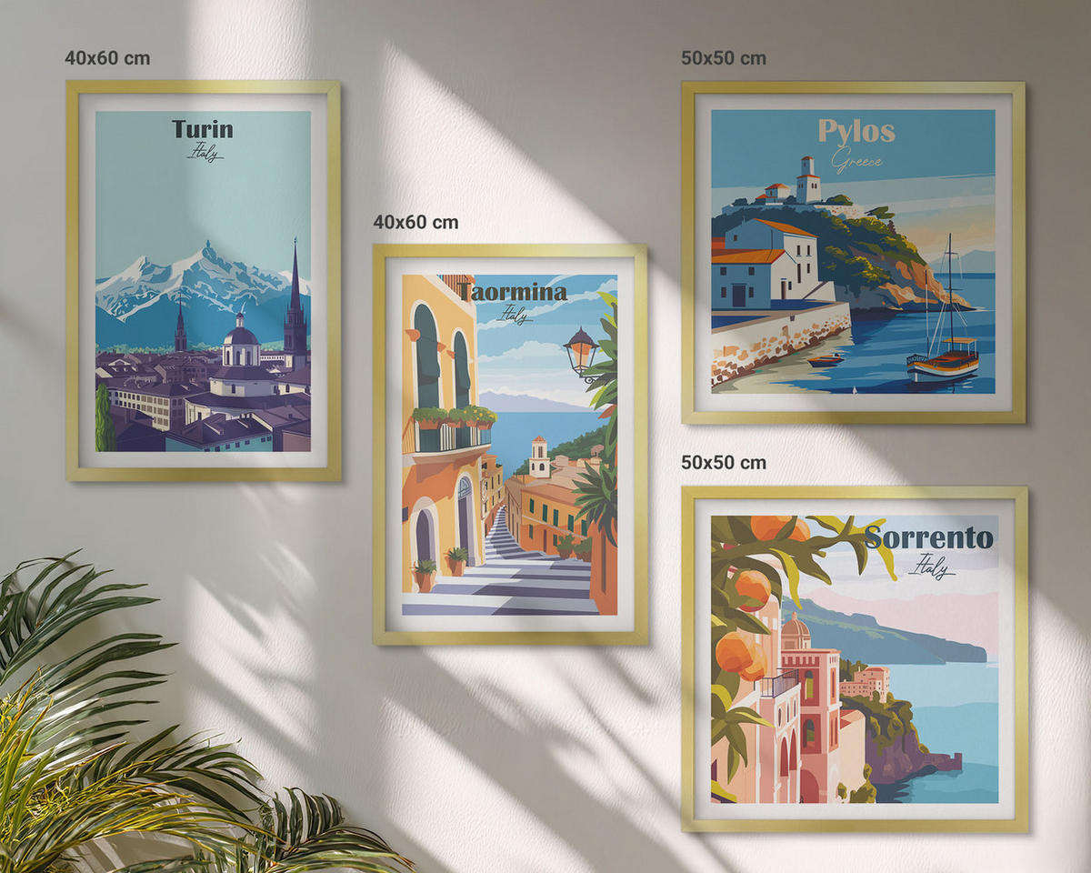 BILDER SET 4er Set - 50x50 cm & 40x60 cm Goldrahmen - Farbenfrohe Illustrationen von Retro-Städten - Goldfarben, Kunststoff (50/50cm) - TULUP