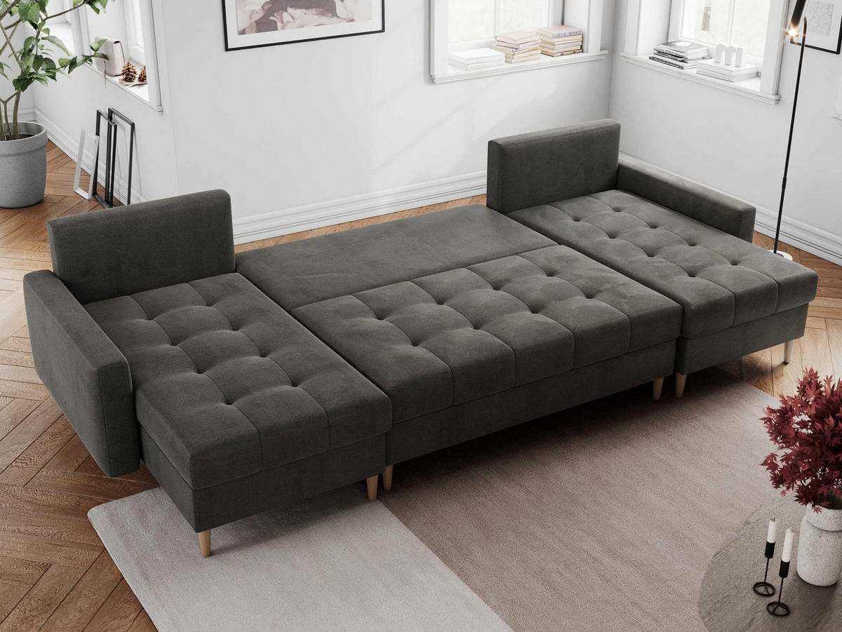WOHNLANDSCHAFT Colin U Velvet Dunkelgrau - Dunkelgrau/Braun, Holz/Textil (290/75/140cm) - MKS