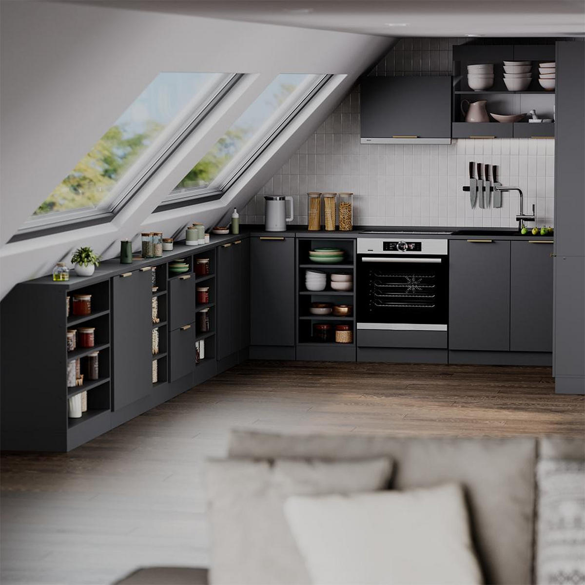 KÜCHENSCHRANK FÜR DACHSCHRÄGEN R-Line Anthrazit-Gold 80 cm mit 2 Türen, Schrankkorpus 60 cm Tiefe - Anthrazit, Holzwerkstoff (80/83.8/60cm) - Vicco