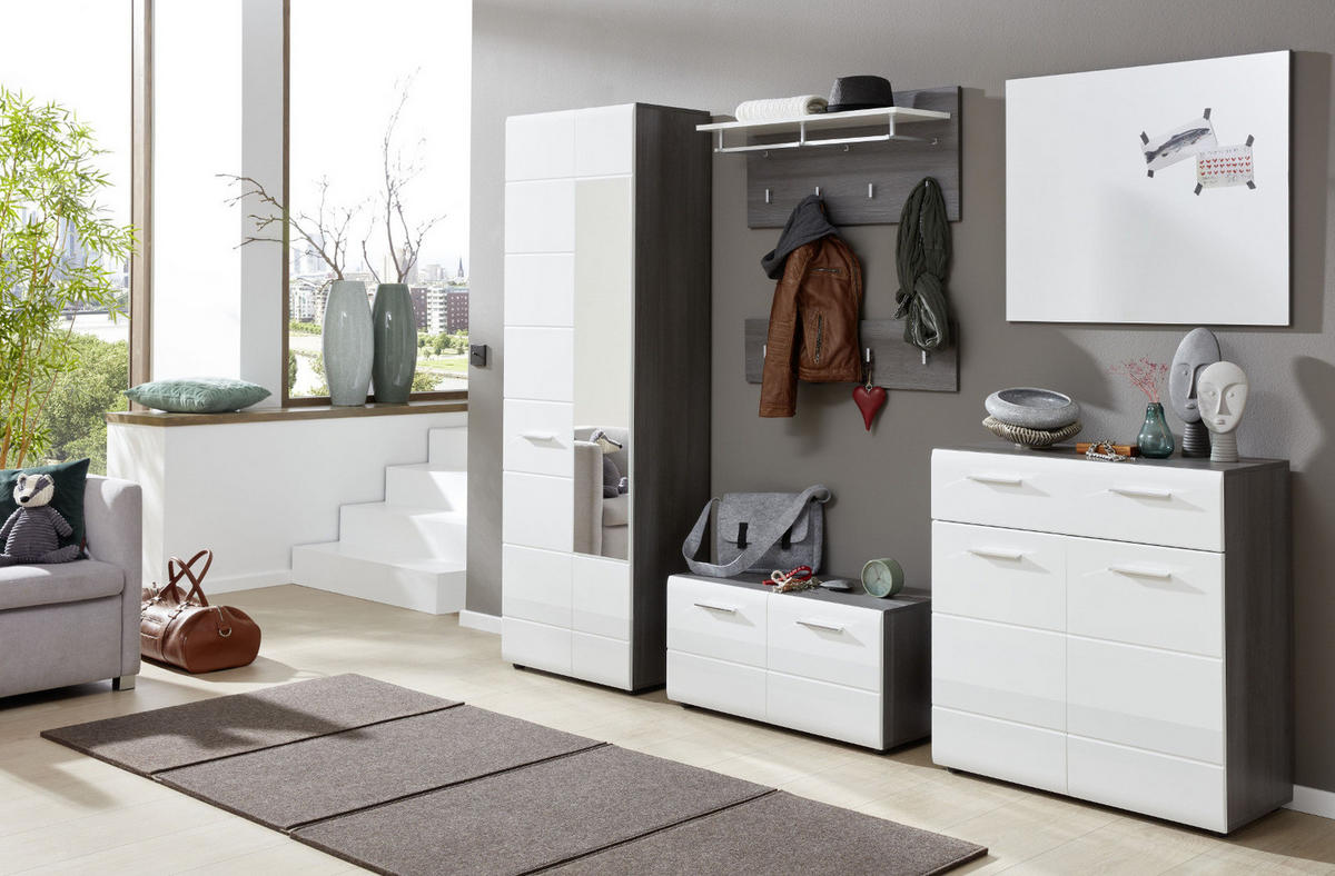 GARDEROBENBANK Hochglanz weiß, Sardegna grau 80 x 41 cm, Schuhbank mit Türen - Weiß Hochglanz/Silberfarben, Holzwerkstoff/Kunststoff (80/35/41cm) - Top.Furn