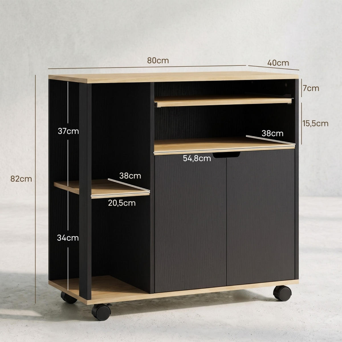 SERVIERWAGEN DE-41492 80/40/82 cm, verstellbare Regale und Schrank Schwarz - Schwarz, Holzwerkstoff (80/82/40cm) - ComfortXL