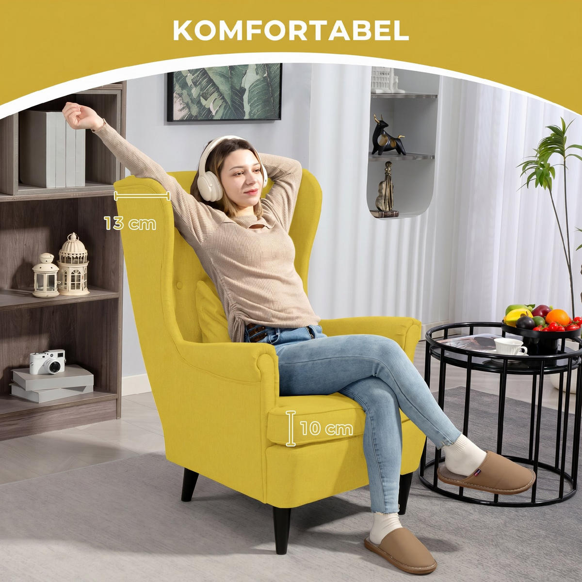 OHRENSESSEL-MIT-HOCKER 2er Set Polyester Schaumstoff Gelb - Gelb/Schwarz, Holz/Textil (75/104/83cm) - HOMCOM