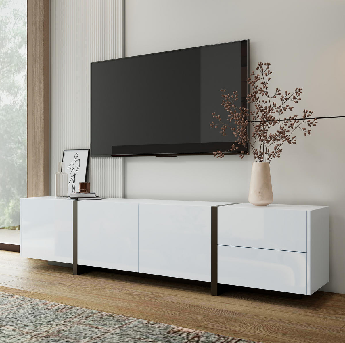 TV-LOWBOARD in Weiß Hochglanz mit schwarzen Tischbeinen 170/30/39 cm - Weiß, Holzwerkstoff (170/39/30cm) - Redom