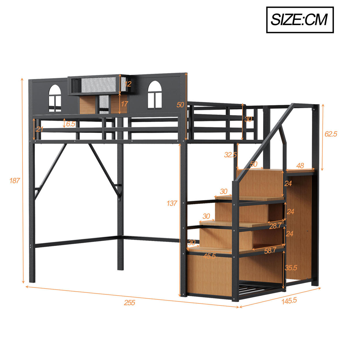 HOCHBETT 140/200 cm schwarz mit Stauraumleiter und Ablagefläche mit Matratze - Schwarz, Metall (140/200cm) - OKWISH