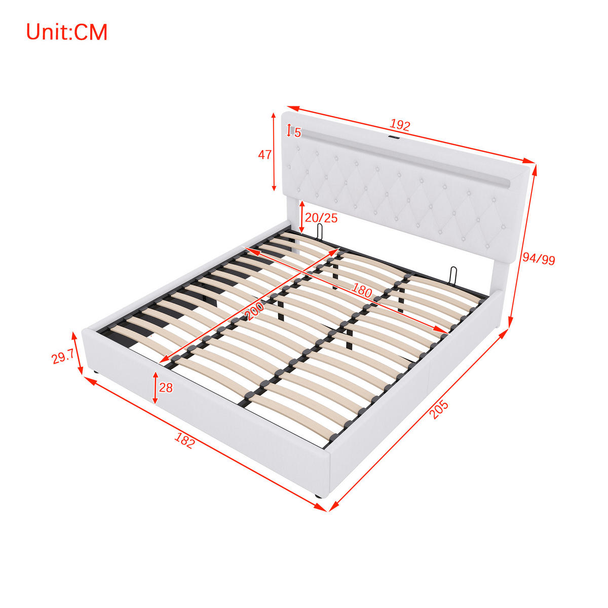 POLSTERBETT 180/200 cm Weiß hydraulisches Bett mit LED-Beleuchtung und USB-Anschluss Ohne Matratze - Weiß, Textil (180/200cm) - OKWISH