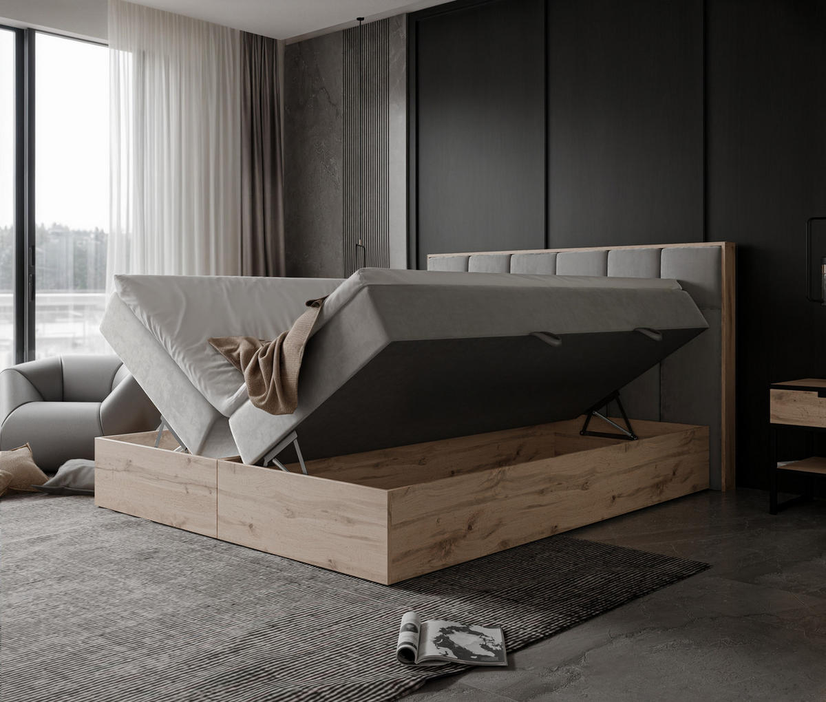 BOXBETT LAVIO II 160/200 cm, in Hellgrau, mit Matratze und Topper - Hellgrau, Holzwerkstoff/Textil (160/200cm) - Idohome