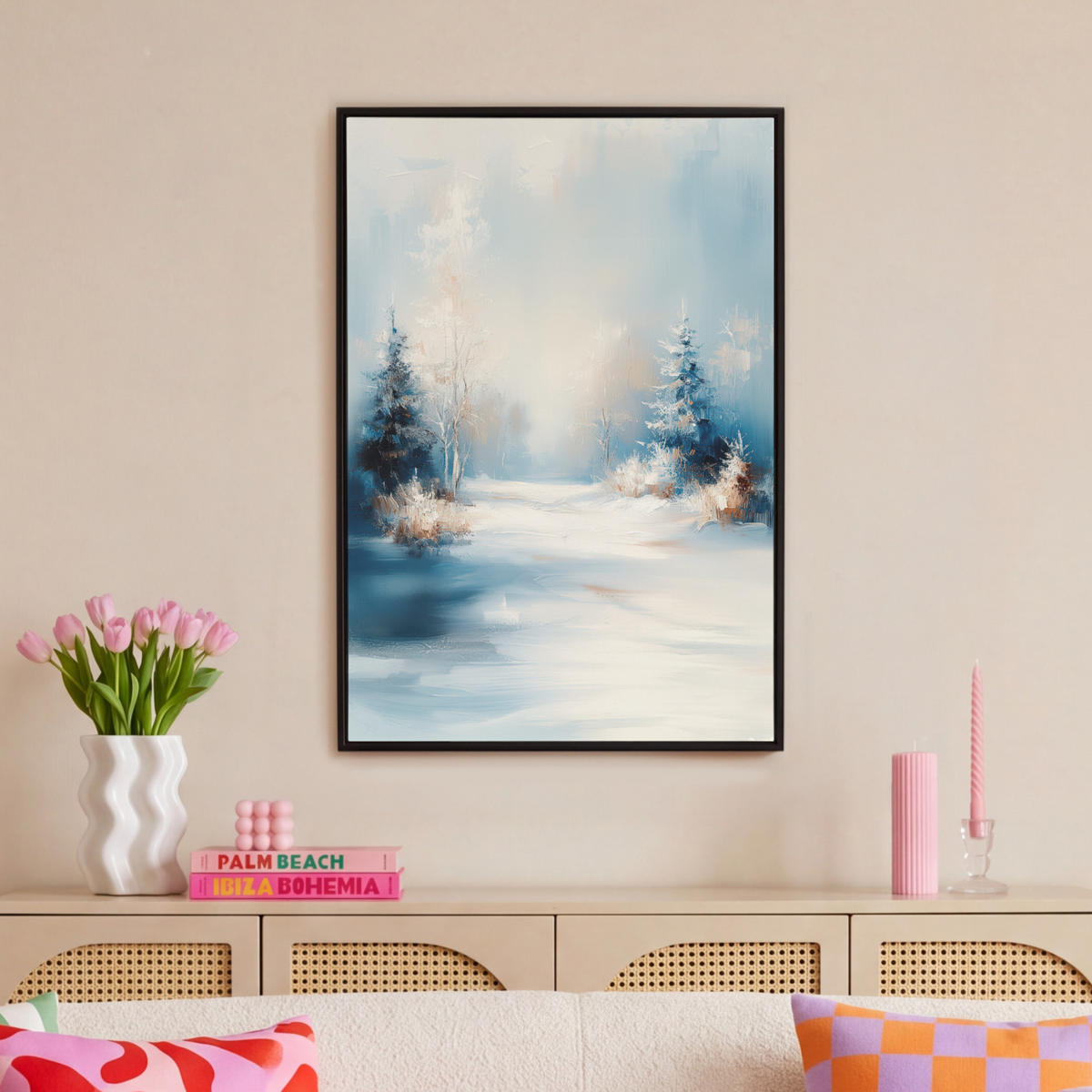 LEINWAND Bilder mit Rahmen - Wald – Winter – Natur – Abstrakt – Schnee - 60x90 - Weiß, Textil (60/90cm) - MuchoWow