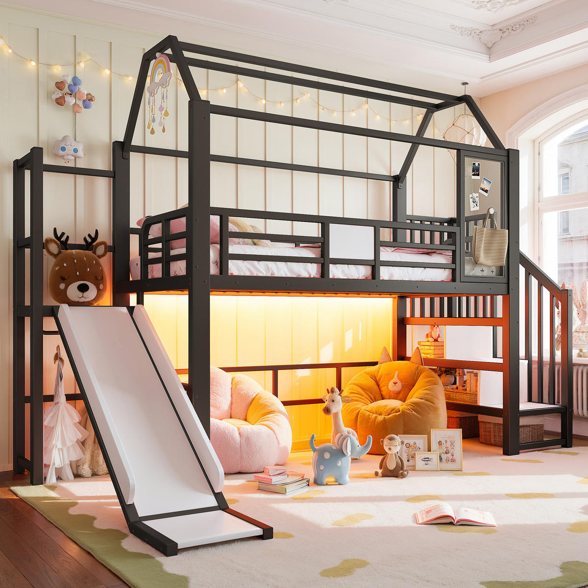 KINDERHOCHBETT MDF & Metall 90x200 cm Schwarz mit Rutsche, Treppe, Stauraumfächern und LED-Beleuchtung - Schwarz, Holzwerkstoff (90/200cm) - Modfu