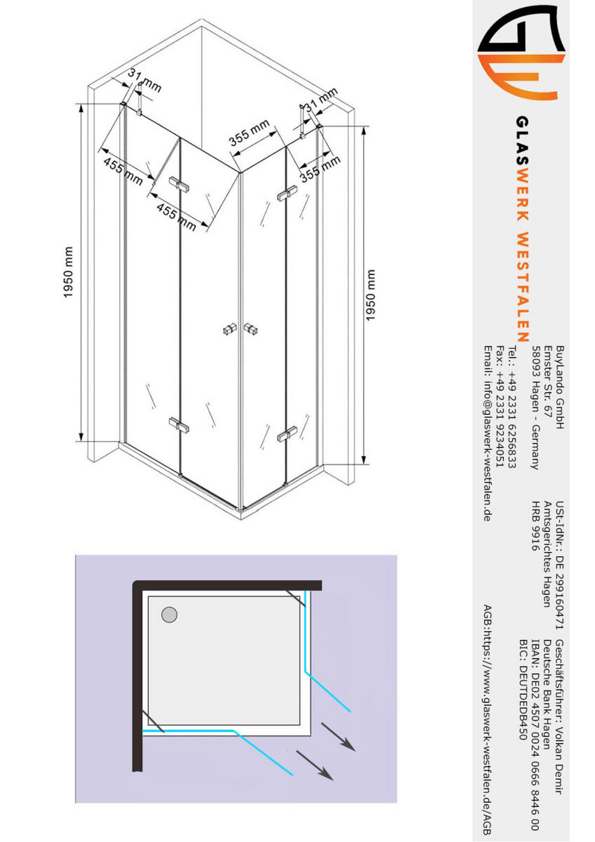 DUSCHKABINE 100x80x195cm Eck+DT - Silberfarben, Glas (80/100/195cm) -  Glaswerk Westfalen