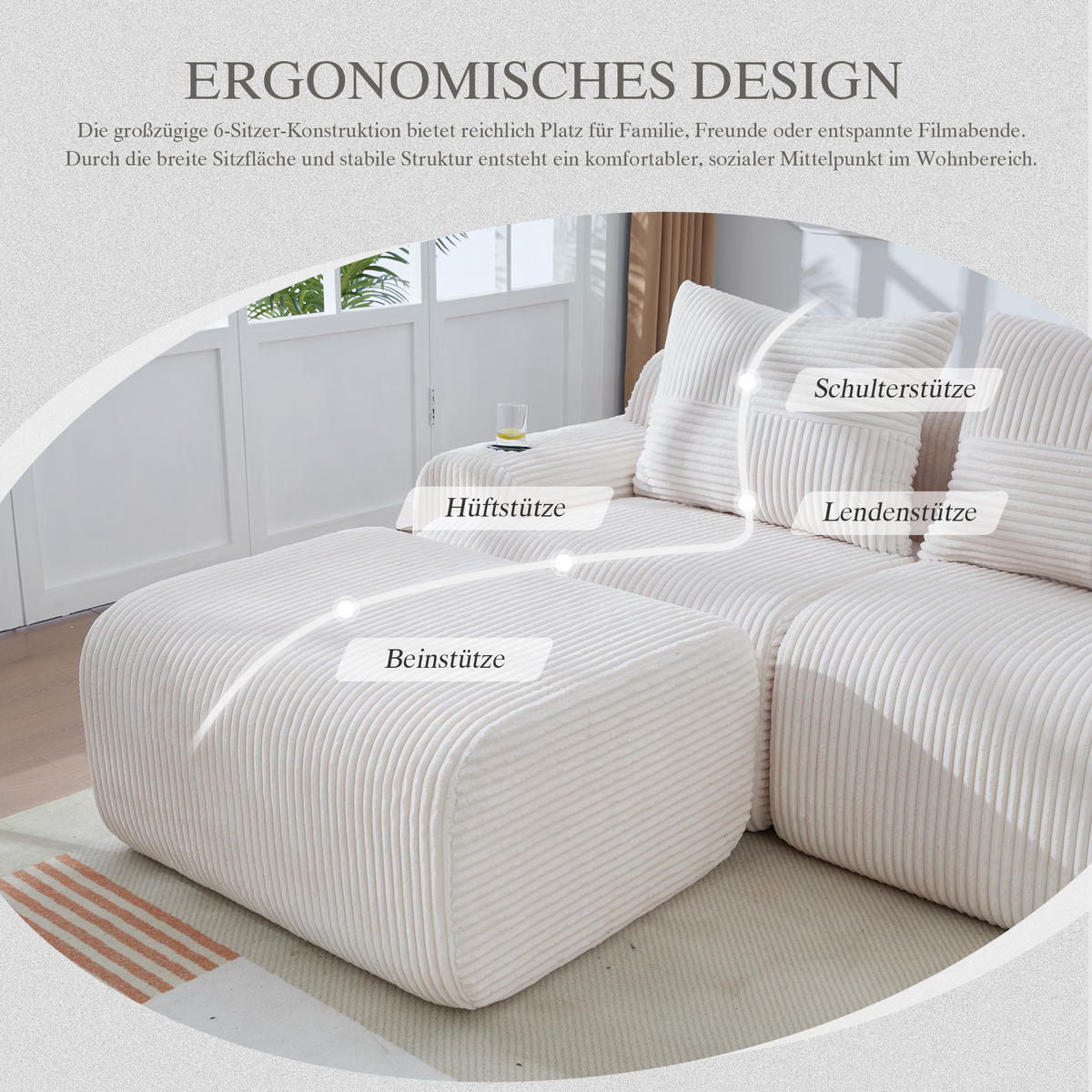 MODULARES 3-Sitzer Sofa Cordstoff mit Getränkehalter und Seitentasche 268/174/80 cm Beige - Beige, Textil (174/268cm) - Redom