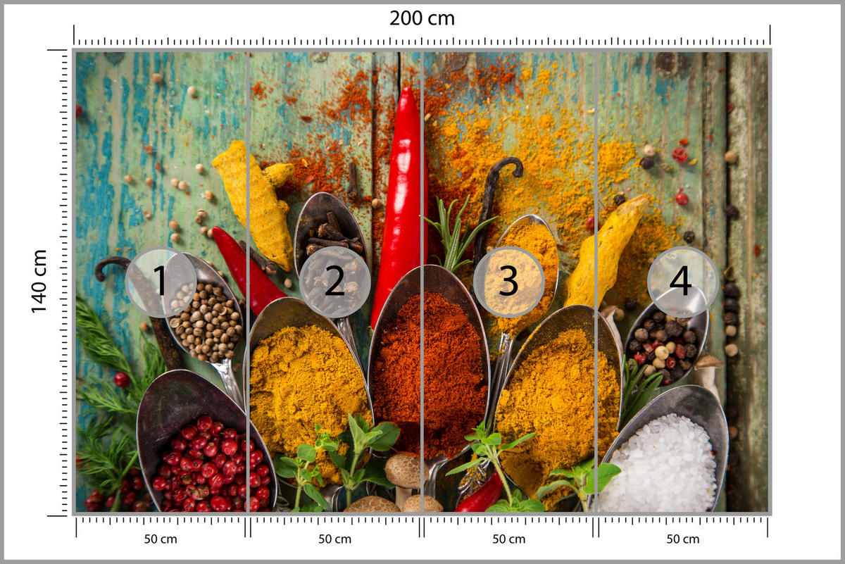 FOTOTAPETE für Küche Gewürze Holz Rustikal Paprika Ingwer 200x140 - Türkis/Blau, Papier (200/140cm) - Muralo